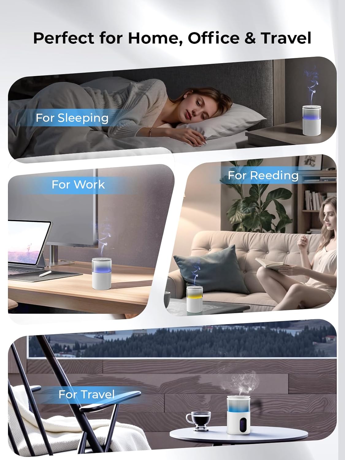 Waterless Essential Oil Diffuser: 𝟗 𝐂𝐨𝐥𝐨𝐫𝐬 𝐋𝐄𝐃 Scent Diffuser for Home&Car&Office - Portable Diffuser with 48H Battery, 4 Timers & 3 Mist Levels, Snow White - Image 5
