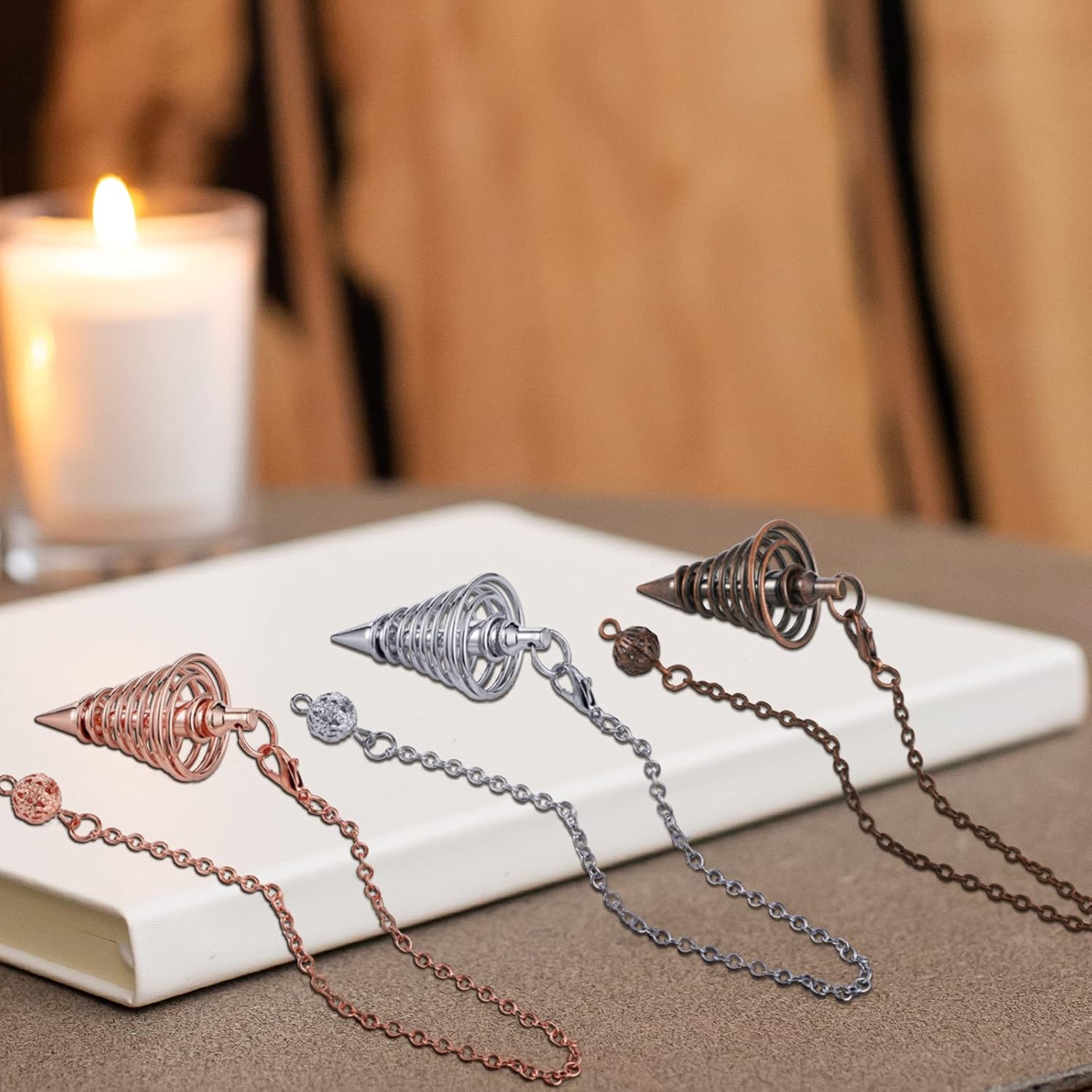 3 Pieces Copper Metal Dowsing Pendulum Divination Dower Reiki Healing Pendulum Chain,Silver Spiral Coil Point Meditation Yoga Balancing Pendant - Image 4