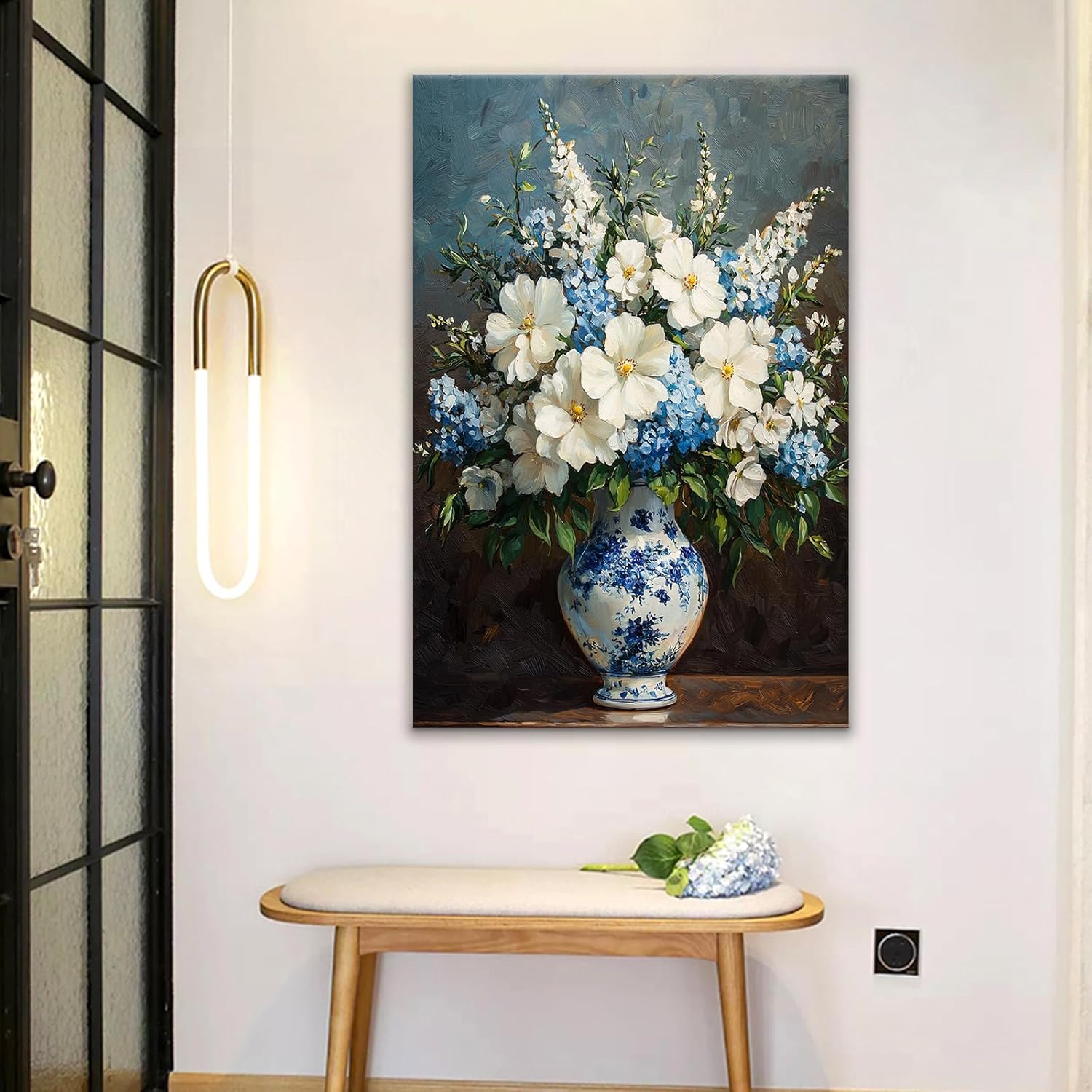 YSPCSUN Large Blue And White Floral Wall Art Canvas Still Life Flower Oil Painting Style Print Framed Artwork For Living Room Above Sofa Decor Farmhouse Coastal Room Aesthetic Gift 36x24 Inch - Image 3