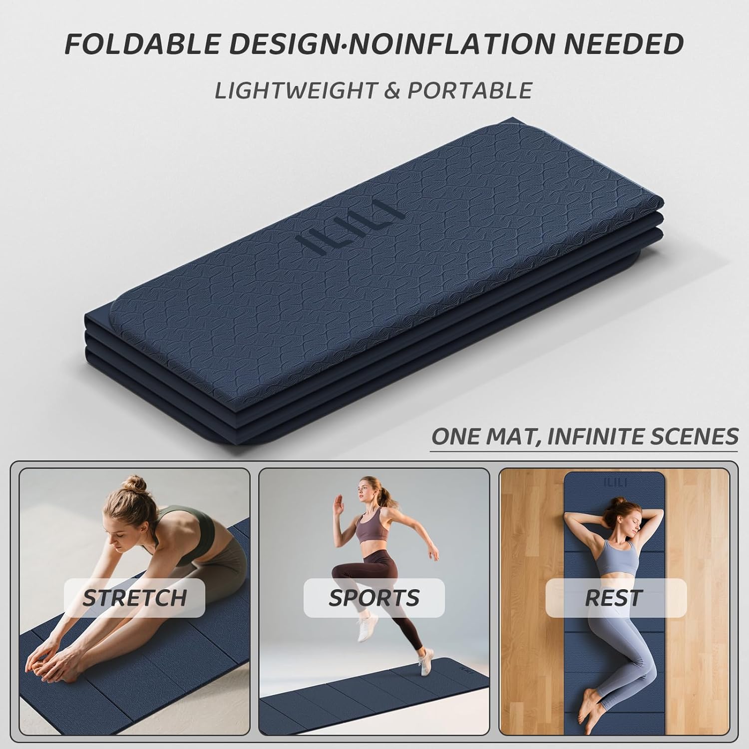 ILILI Foldable Yoga Mat 71 * 24 * 0.3 Inch, Lightweight TPE Non Slip Exercise Mat, Waterproof Portable Fitness Mat for Home Gym, Pilates, Stretching & Daily Workouts - Image 6