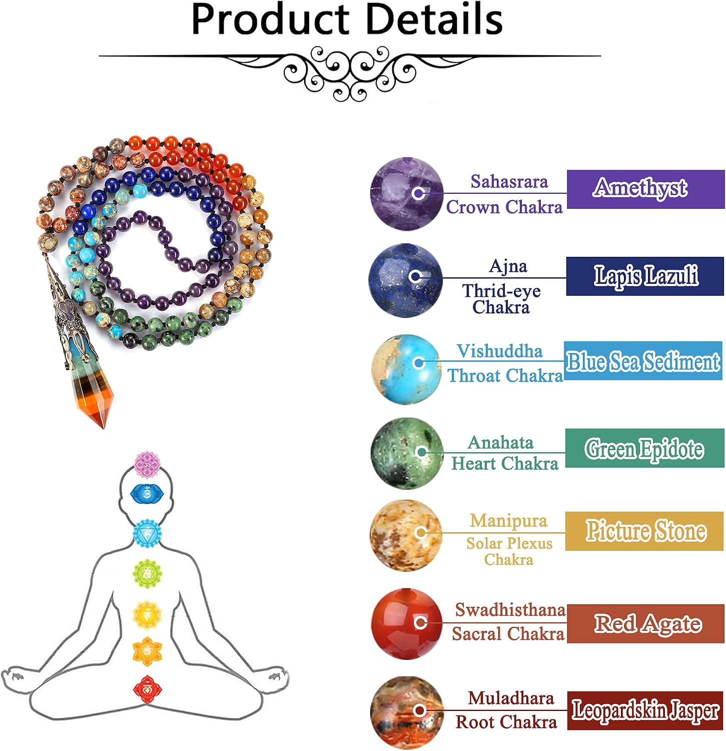 Jovivi 108 Mala Beads Bracelet Real Stones 7 Chakra Healing Crystals Necklace with 12 Facted Prism Pointed Pendant Reiki Energy Balancing Prayer Mala Beads for Meditation - Image 7