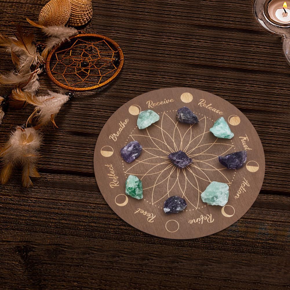 INFUNLY Moonphase Crystal Grid Wood Board, 9.84x9.84inch, Flower of Life Sacred Geometry, Lotus Grey Crystal Tray, Round Solid Coaster for Jewelry, Rocks, Home Decor - Image 5