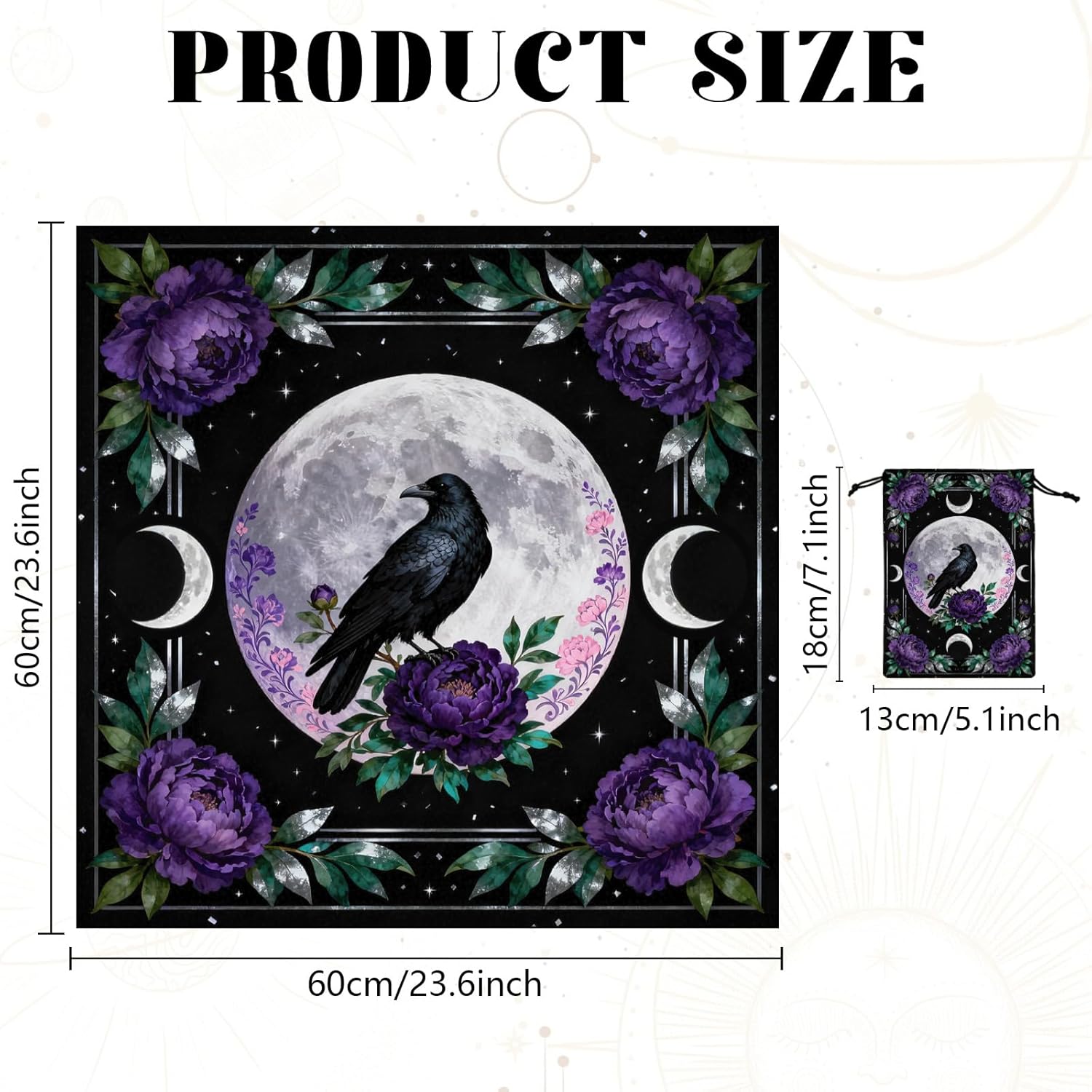 GLOBLELAND Crow Moon Tarot Cloth with Tarot Card Storage Bag Purple Peony Flower Square Velvet Tarots Tablecloth for Divination Wiccan Witchcraft Supplies Tool - Image 2