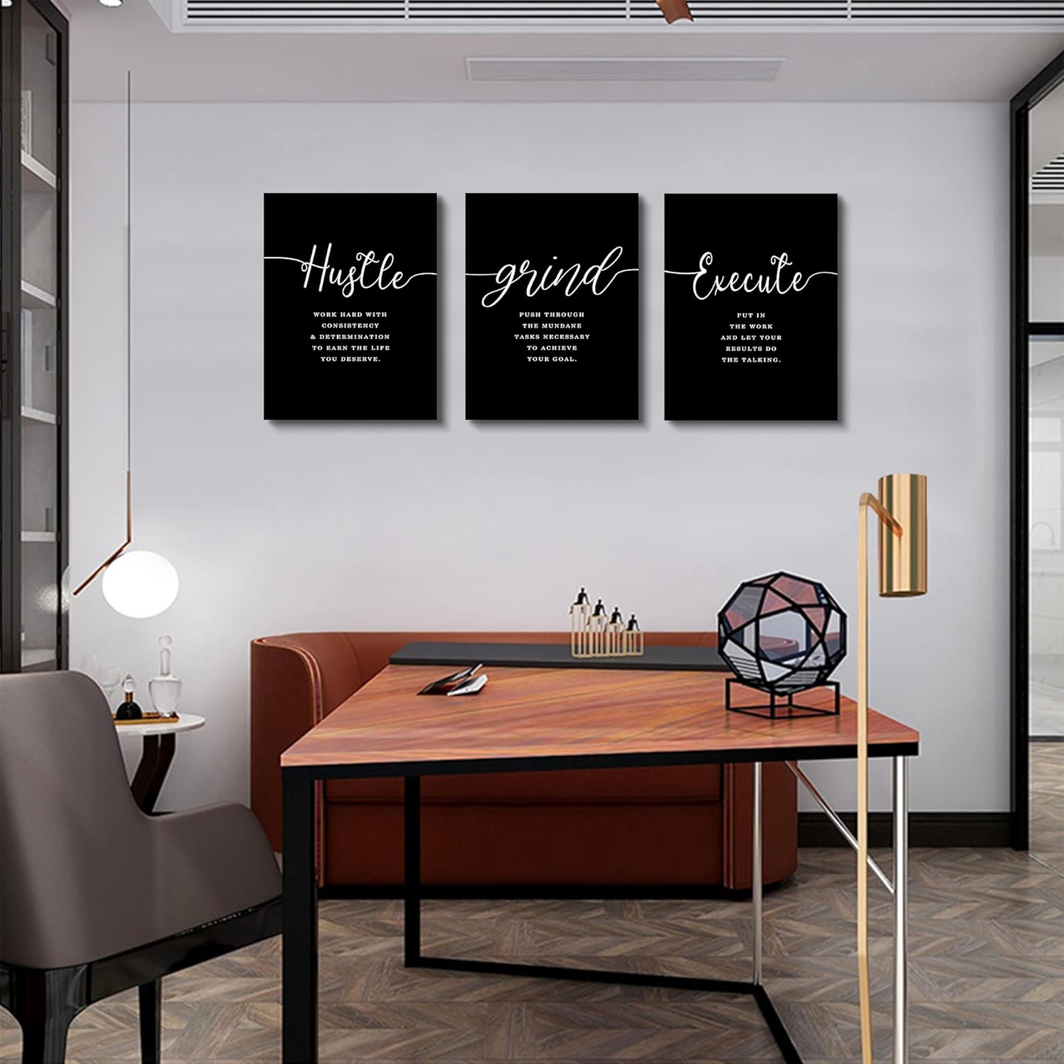 Office Decor - Hustle Quotes Execute Prints, Framed Canvas Wall Art Grind Quote, Office Wall Art, Black Large Poster, Positive MotivationalPrints, Inspirational Print (F-3pcs,12x16inchx3pcs) - Image 5