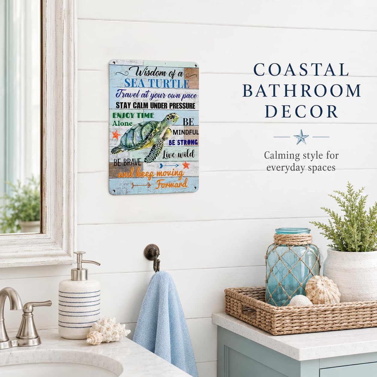 Wisdom of a Sea Turtle & Walk in My Shoes Inspirational Metal Sign Set, 8x12 Inch Vintage Quote Wall Art for Coastal Farmhouse & Home Decor - Image 3