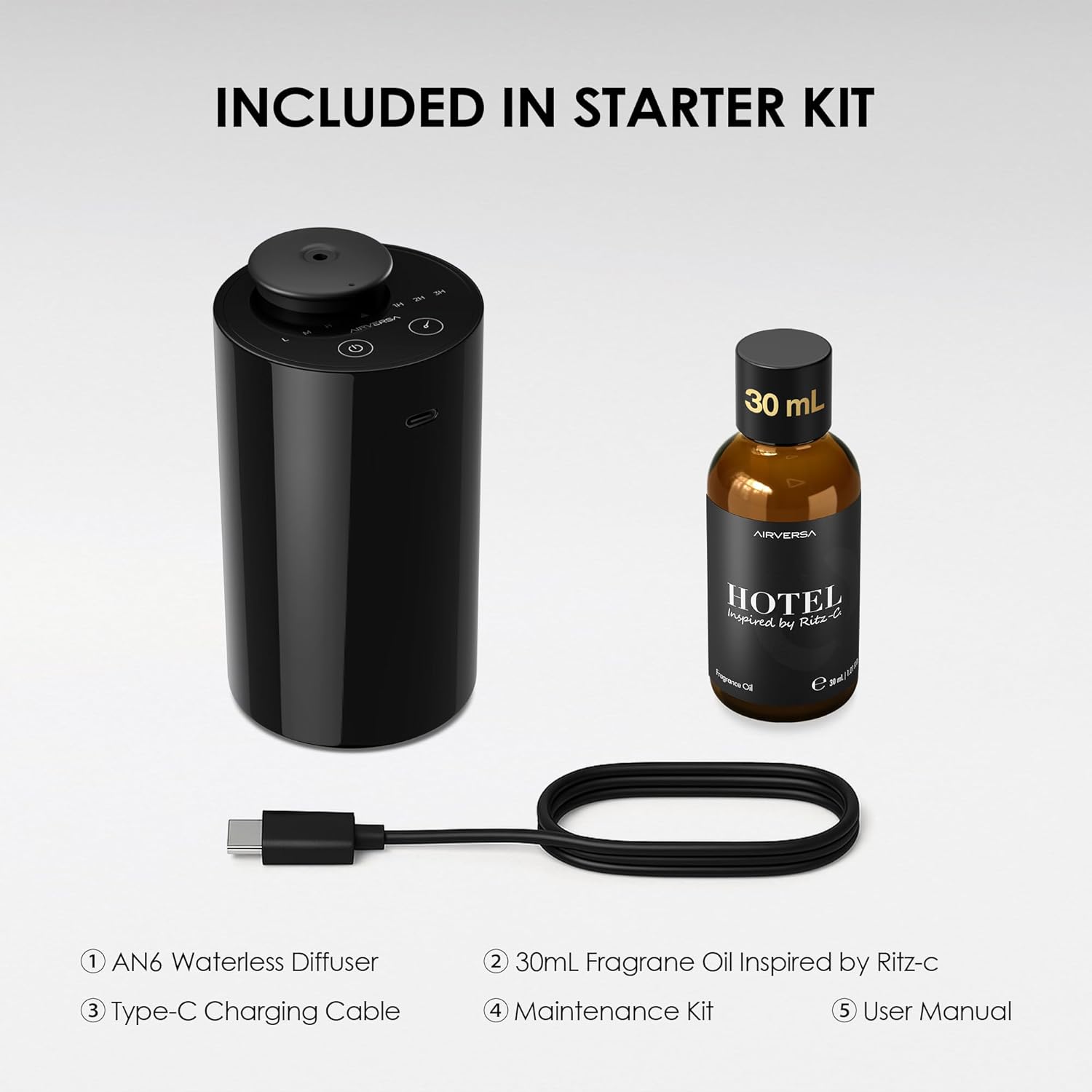 Airversa Waterless Essential Oil Diffuser Starter Kit with 30mL Hotel Fragrance Oil Inspired by Ritz-C., Battery Operated Car Diffuser, Portable Aroma Nebulizer for Home Car Office, AN6Kit-B, Black - Image 6
