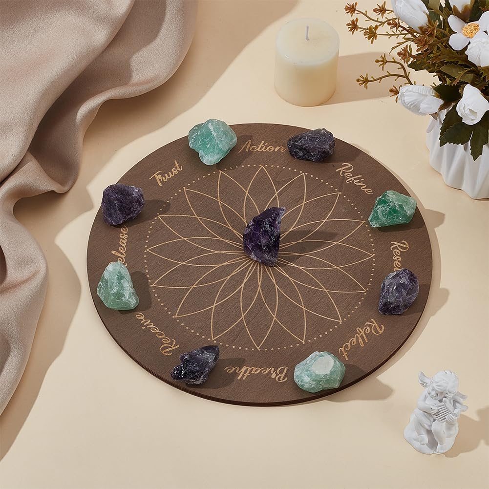 INFUNLY Moonphase Crystal Grid Wood Board, 9.84x9.84inch, Flower of Life Sacred Geometry, Lotus Grey Crystal Tray, Round Solid Coaster for Jewelry, Rocks, Home Decor - Image 4