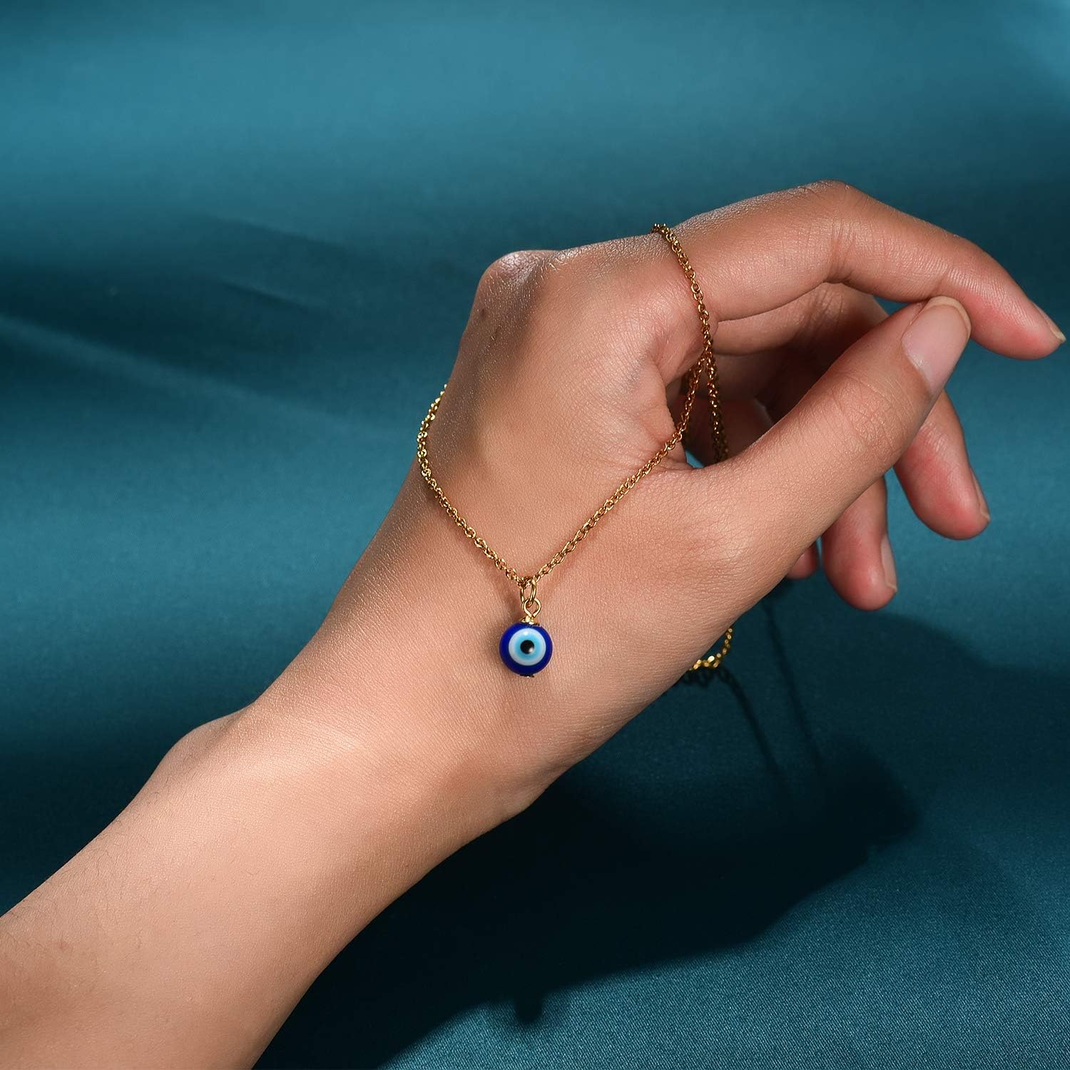 PPJew Evil Eye Necklace Chain Blue Eyes Amulet Pendant Necklace Ojo Turco Kabbalah Protection Adjustable Delicate Jewelry Gift for Women(Silver/Gold) - Image 3