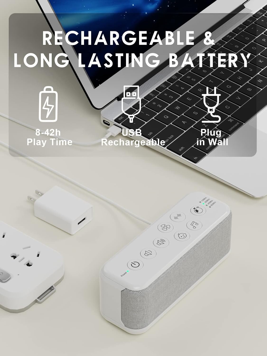 OnLyee White Noise Machine for Office Privacy, USB Rechargeable Sound Machine with 42 Non-Looping Sounds, Auto-Off Timer for Focus, Sleep and Travel - Image 4