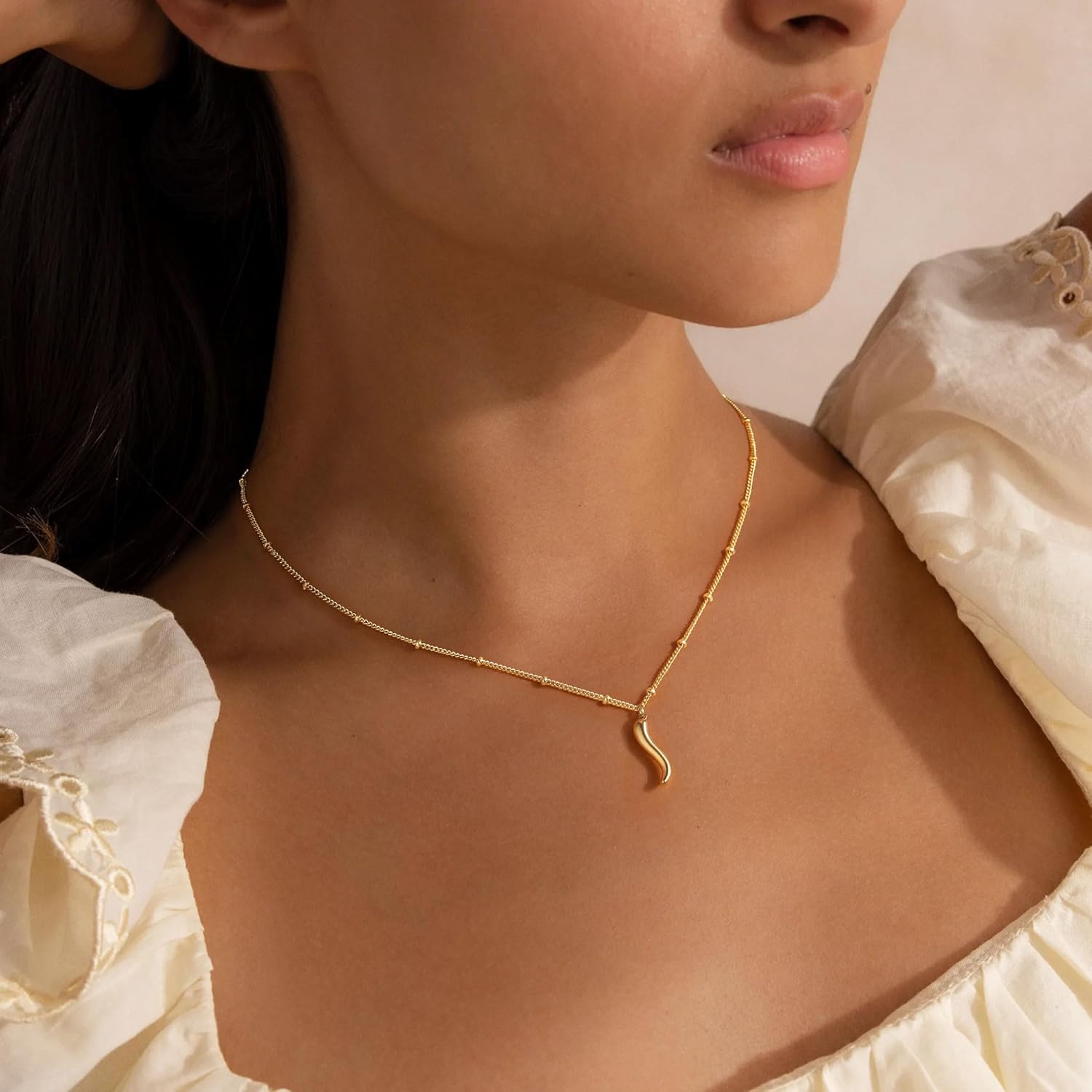 M MOOHAM Gold Necklace for Women Non Tarnish - Dainty 14K Gold Plated Beaded Chain Small Pendant Necklaces Simple Pearl Circle Beads Teardrop Pendant Necklace for Women Trendy Jewelry Gifts - Image 4