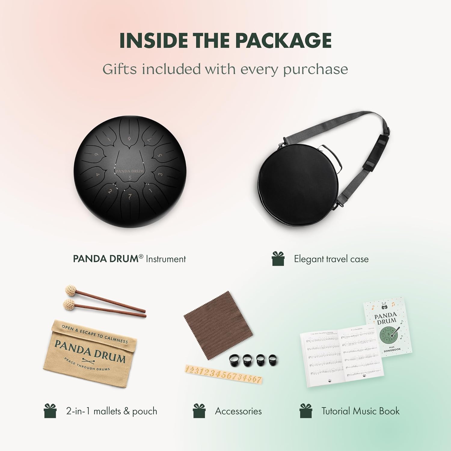 Panda Drum Plus (Black) | Steel Tongue Handpan with Music Book, Mallets, Carrying Bag & Finger Picks | 11 inch, 432 Hz | Rain Drum for Inside & Outside | Calming Musical Instrument for Adults & Kids - Image 6