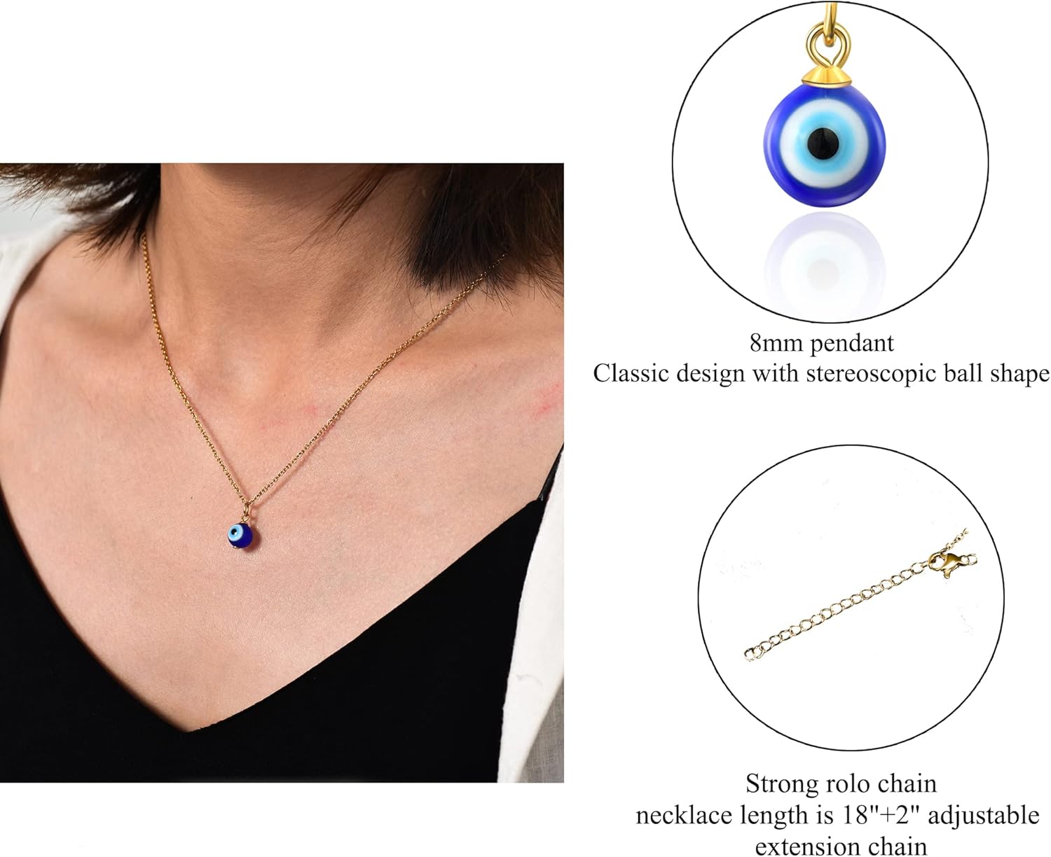 PPJew Evil Eye Necklace Chain Blue Eyes Amulet Pendant Necklace Ojo Turco Kabbalah Protection Adjustable Delicate Jewelry Gift for Women(Silver/Gold) - Image 2