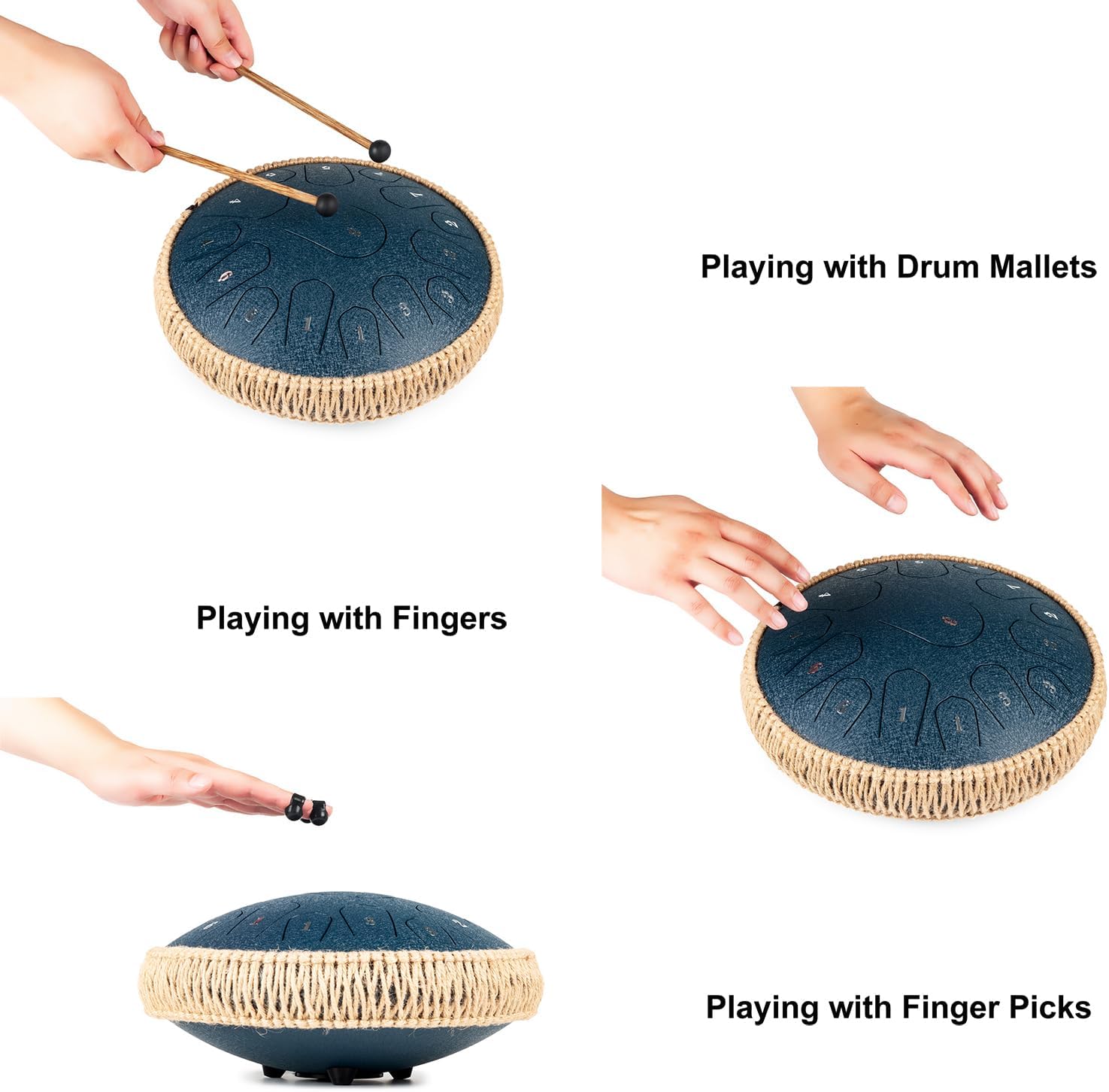 HOPWELL Steel Tongue Drum - 13 Inches 15 Notes Tongue Drum - Hand Pan Drum with Music Book, Handpan Drums Mallets and Carry Bag, D Major (Navy Blue) - Image 4