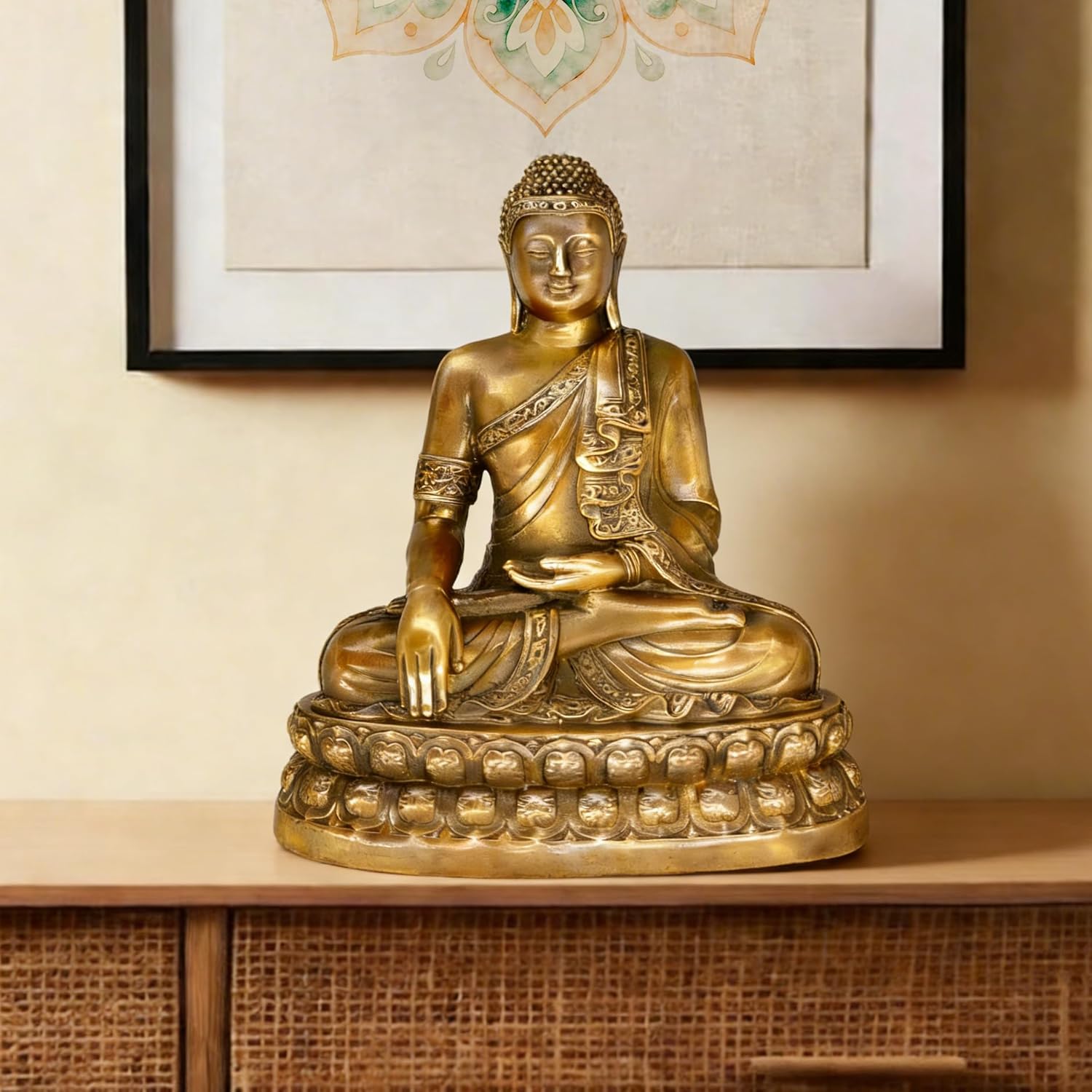 Pure Brass Medicine Buddha Statue Indoor 7.5 Inch - Antique Metal Spiritual Decor for Zen Room Home Altar and Meditation Space - Heavy Crafted Asian Buda Figurines