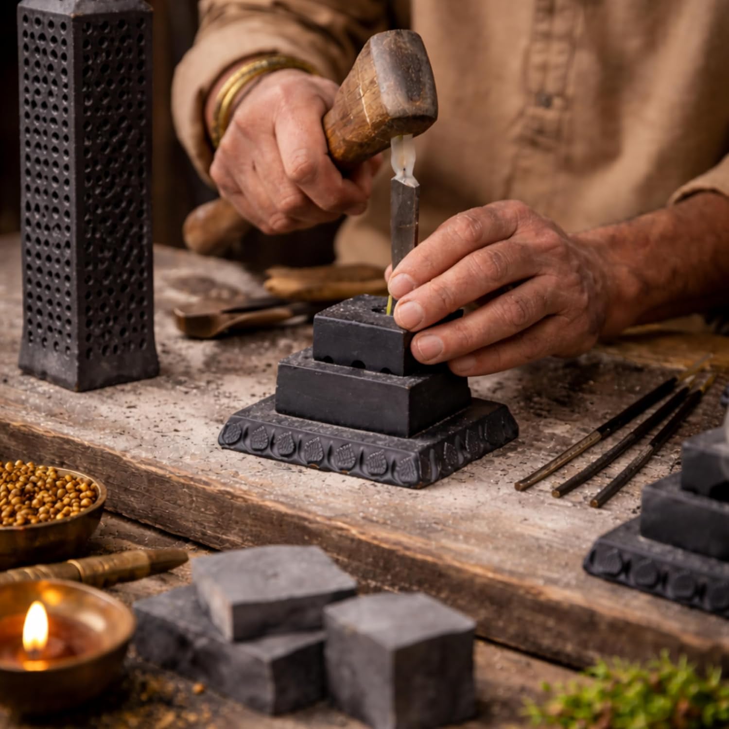 Handmade Marble Black Soapstone Incense Burner, 3x3x11 in | Candle Stick Holder, Tea Light Burner, Jaali Carving, Decorative Home & Kitchen Decor - Image 9