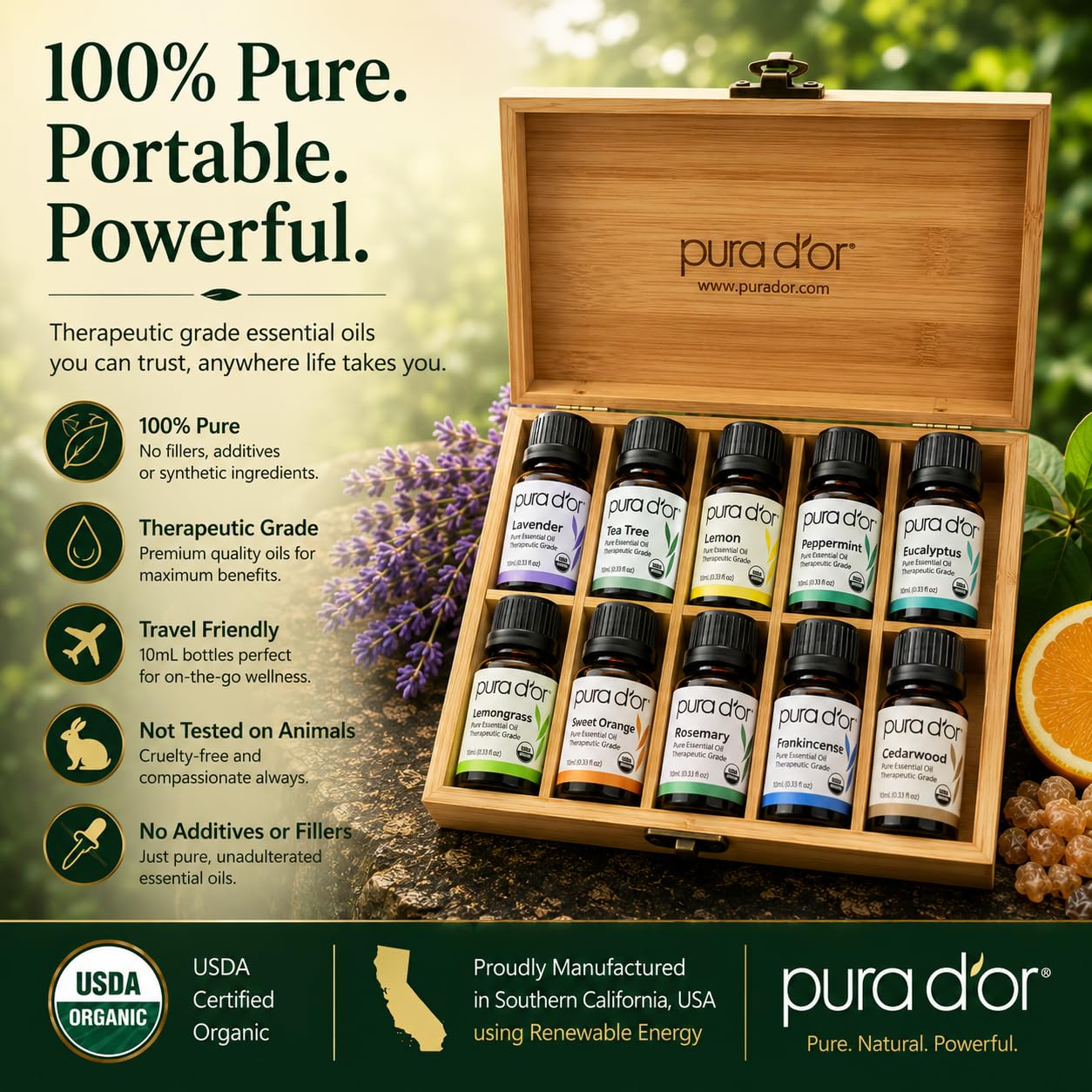 PURA D'OR Organic Perfect10 Essential Oils Set - 10x 10mL Wood Box Aromatherapy Gift Set - 100% Pure Therapeutic Grade for Relaxation and Wellness (Lavender, Peppermint, Eucalyptus, Tea Tree & More) - Image 4