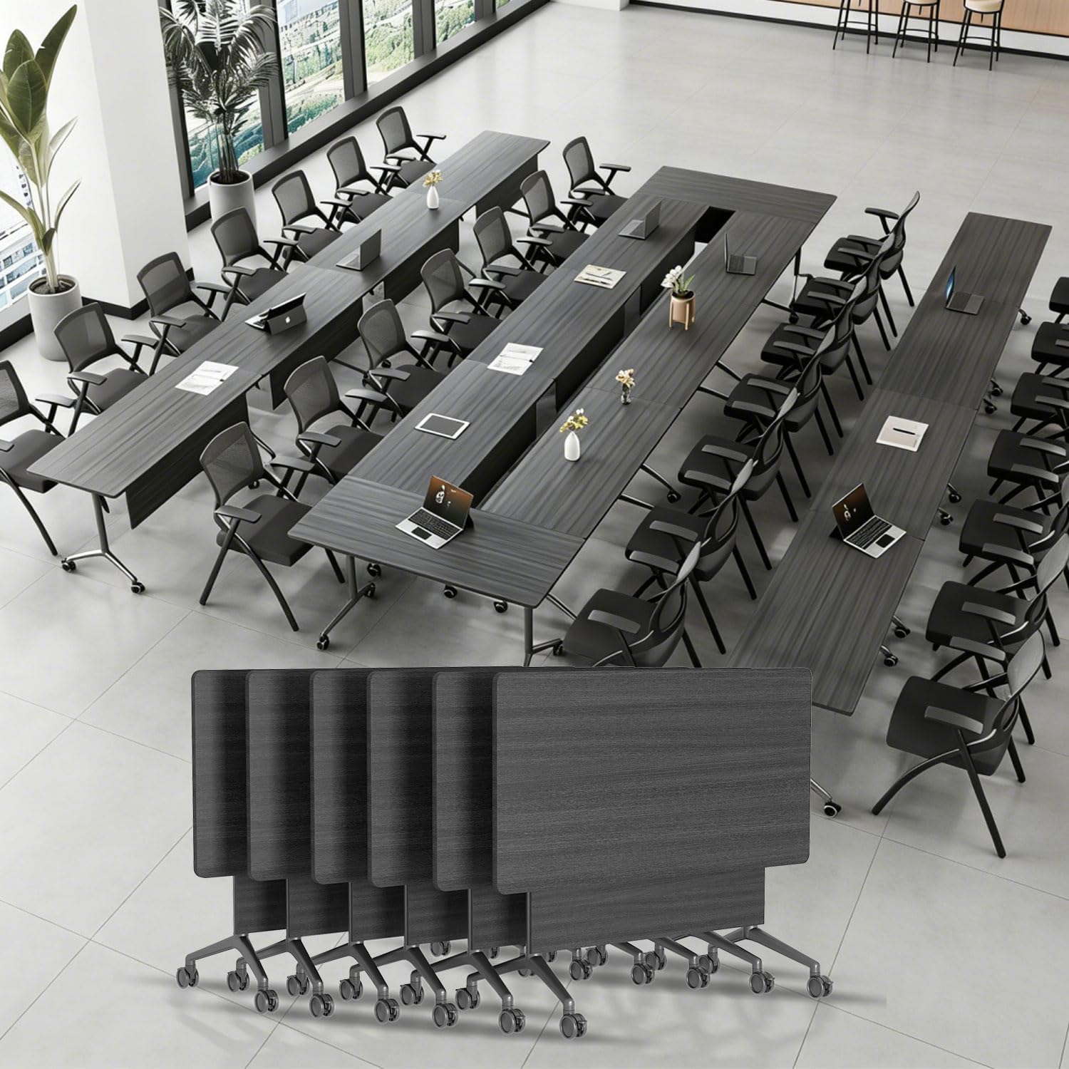 Folding Conference Room Table with Large Wheels,Space-Saving Stackable Folding Meeting Table Modular Flip-Top Conference Tables for Training Rooms, Classrooms & Seminars (6, Elm-Black, 47.2 Inch)