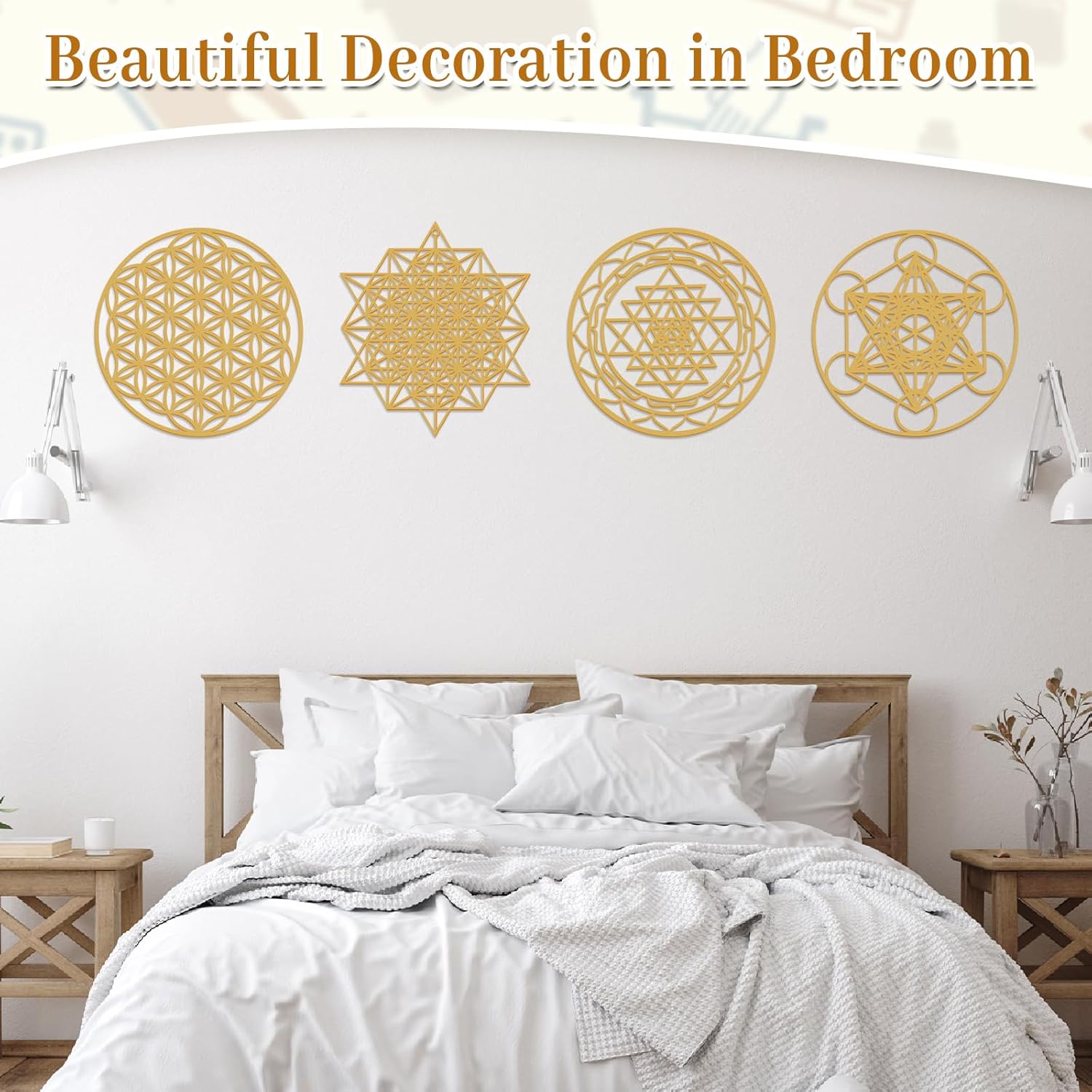 Leinuosen 4 Pcs 12 Inch Crystal Grid Board Sacred Geometric Wall Art Set Metatron Cube, Flower of Life, Sri Yantra, 64 Star Tetrahedron Pagan Decor Home Wall Decor for Room(Gold) - Image 5