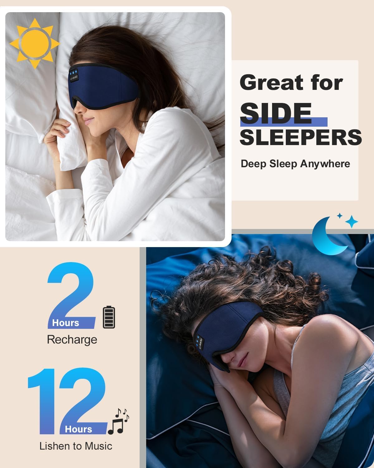 LC-dolida Sleep Headphones, Sleep Mask Bluetooth Wireless Music Eye Mask, Sleeping Headphones for Side Sleepers Sleep Mask with Bluetooth Headphones Ultra-Thin Stereo Speakers Perfect for Sleeping - Image 7