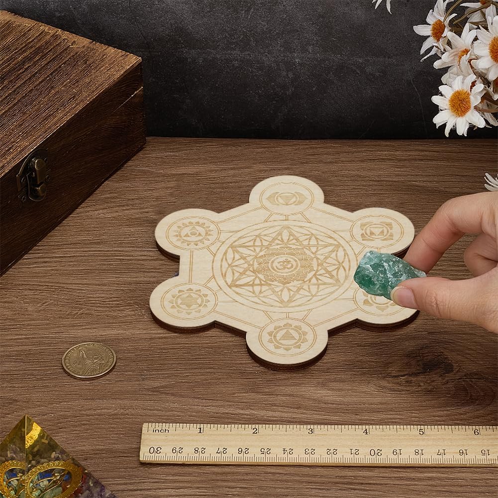 FINGERINSPIRE Hexagon Wooden Crystal Grid Board with Chakra Design 5.3x5.8x0.2inch PapayaWhip Color Wood Plate for Crystal Energy Healing Meditation Decoration Yoga Space Decoration Accessories - Image 3