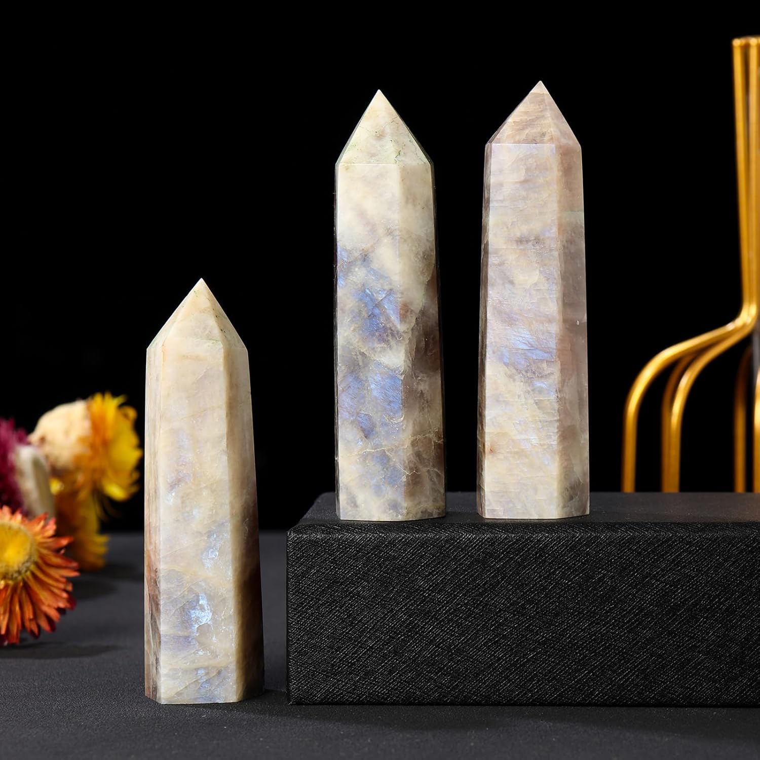 Runyangshi 1PCS Natural Crystal Moonstone Tower 2.75"-3.14" (7-8 cm) 6 Faceted Single Point Prism Healing Crystal Wand for Meditation Reiki Chakra Therapy - Image 3