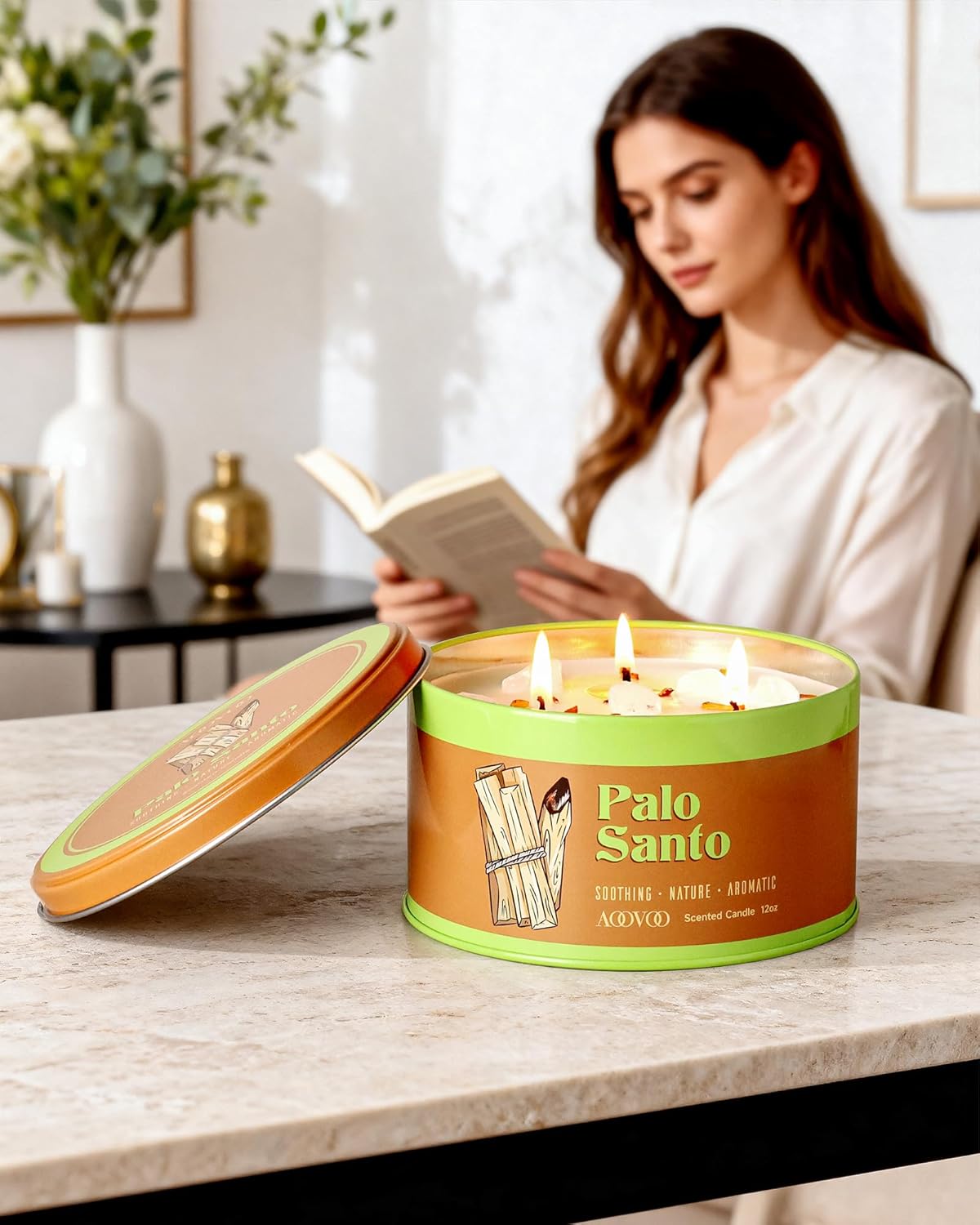 AOOVOO Palo Santo Candle for Meditation & Cleansing - 3 Wick 12oz Scented Candle with White Crystals & Palo Santo Inside, Non-Toxic Soy Candle for Spiritual Healing, Aromatherapy Gift for Women & Men - Image 5