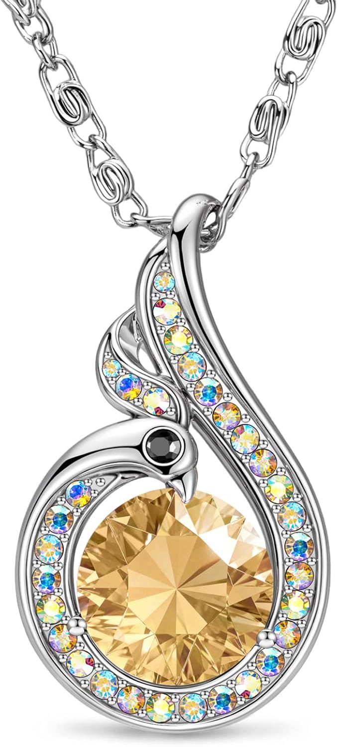 Kate Lynn Birthstone Rise From the Ashes Phoenix Necklaces for Women, White Gold Plated & Crystals from Austria, Birthday Gift for Women, Symbol of Luck and Renewal