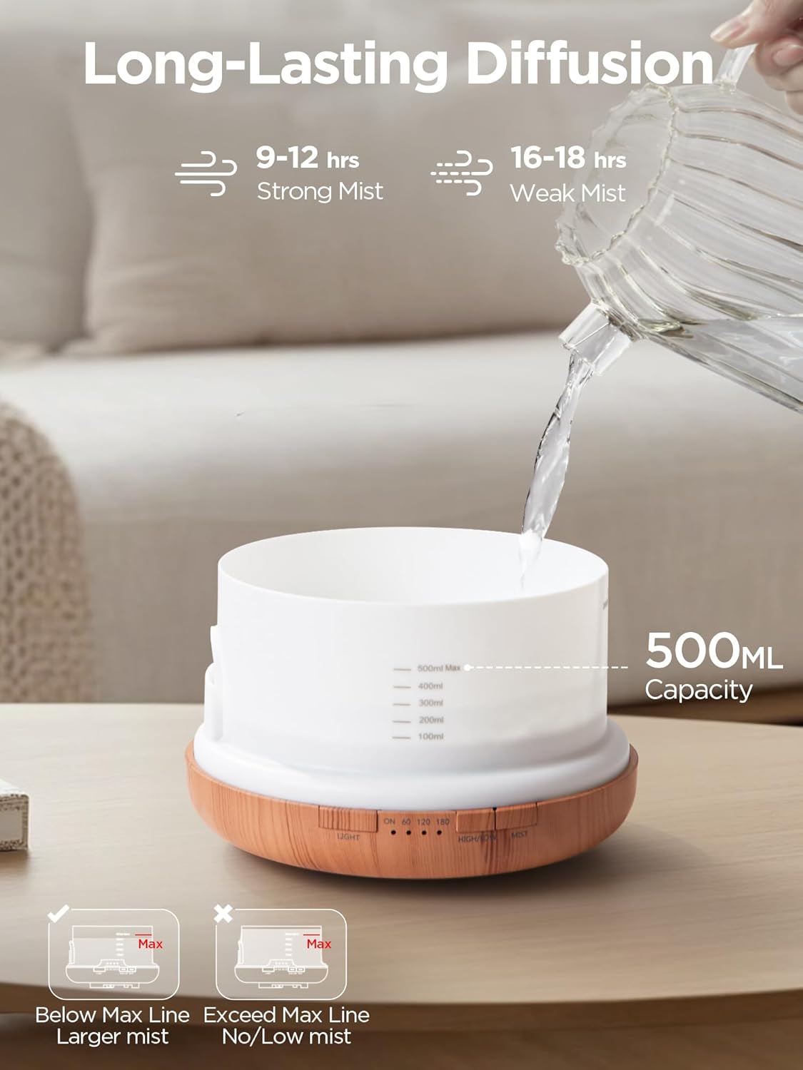 InnoGear Aromatherapy Diffuser & 10 Essential Oils Set, 500ml Essential Oil Diffuser with Remote Control Mother's Gift Ultrasonic Cool Mist Scent Humidifier Vaporizer Auto-Off Timer for Home, Yellow - Image 3