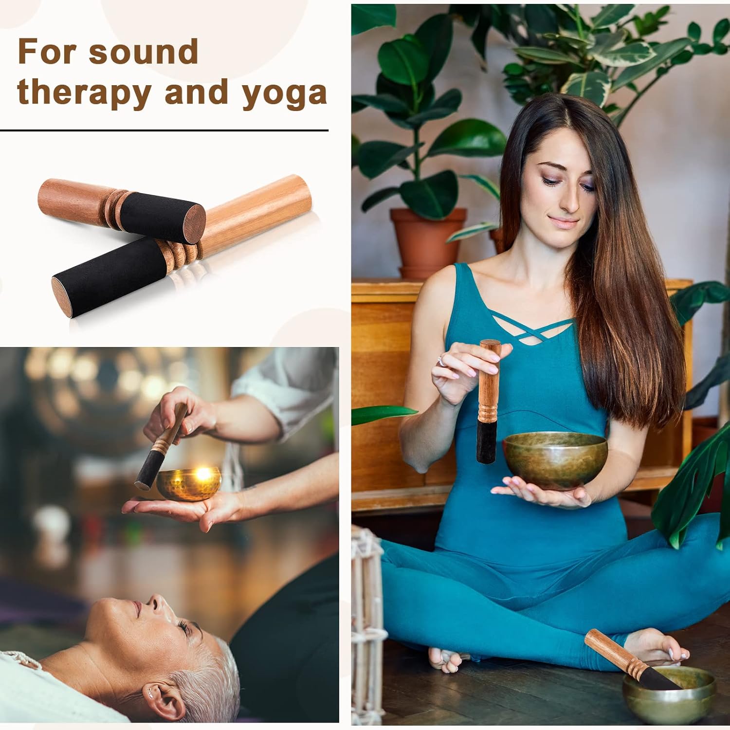Nuanchu 2 Pieces Tibetan Singing Bowl Mallet Suede Wooden Striker Leather Wrapped Meditation Mallet Sound Bowl Stick Buddha Musical Instruments for Buddhist Meditation Yoga Chime (Black and Brown) - Image 7