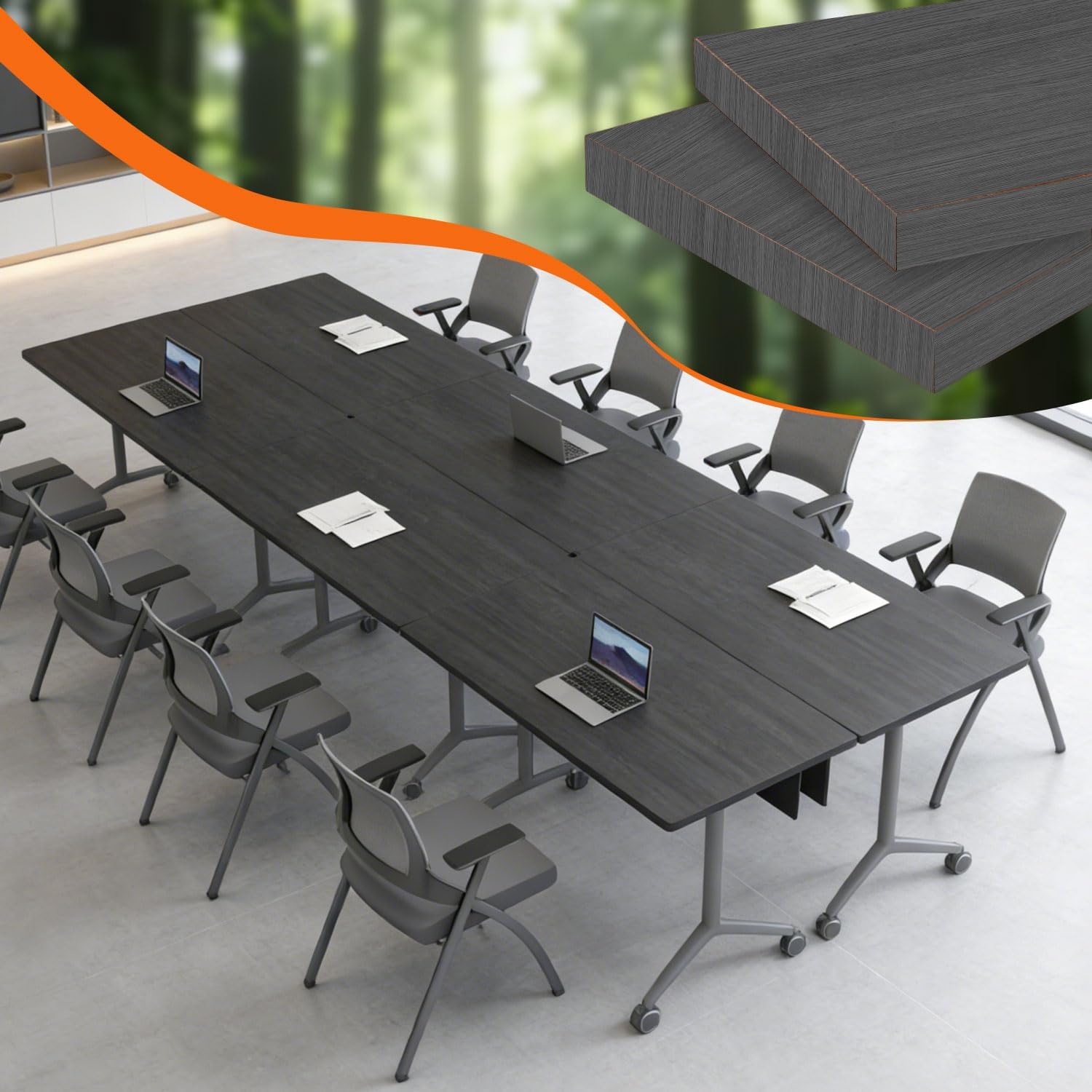 Folding Conference Room Table with Large Wheels,Space-Saving Stackable Folding Meeting Table Modular Flip-Top Conference Tables for Training Rooms, Classrooms & Seminars (6, Elm-Black, 47.2 Inch) - Image 6