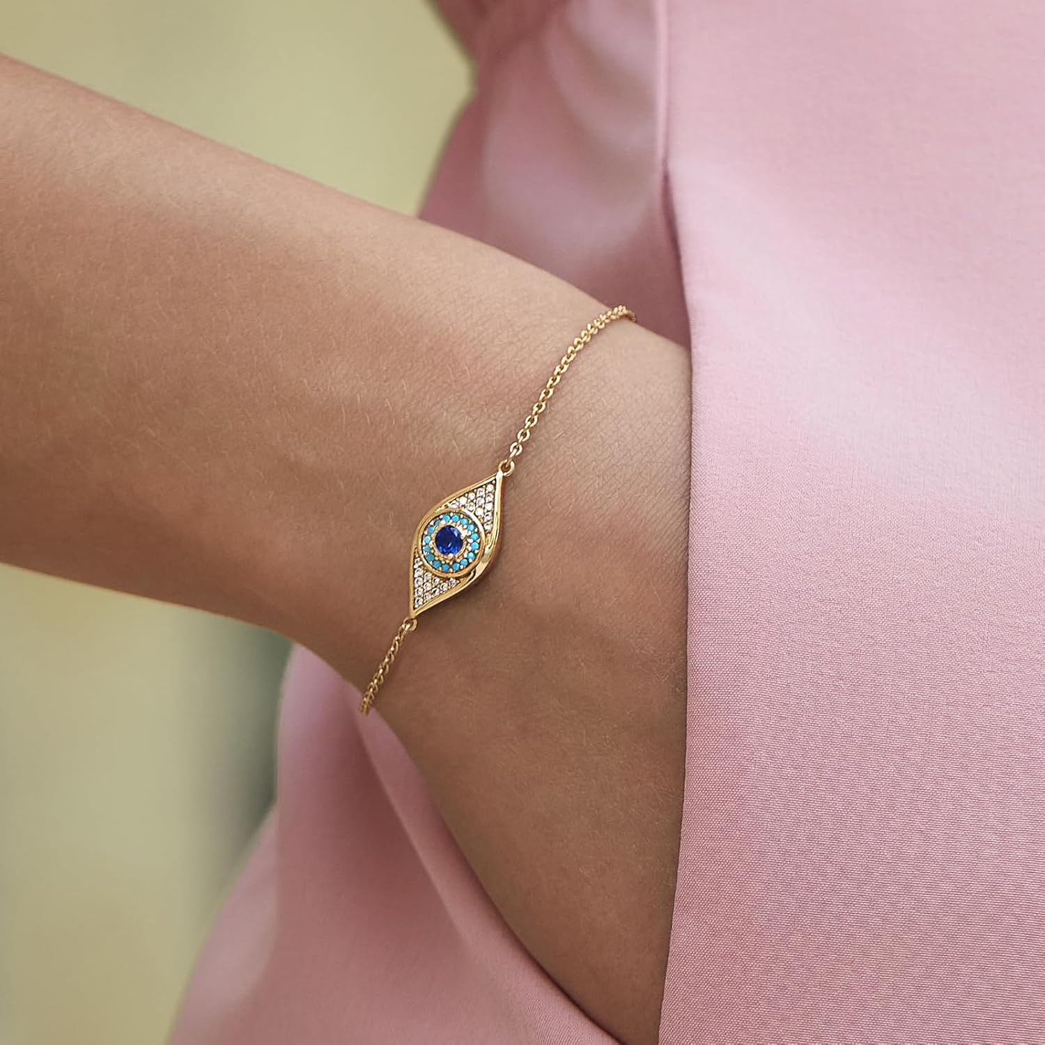 Cicy Bell Evil Eye Bracelets 18k Gold Plated Turquoise Zirconia Link Bracelets Trendy Jewelry Gift for Women Adjustable 5.9" with 1.9'' Extender - Image 4