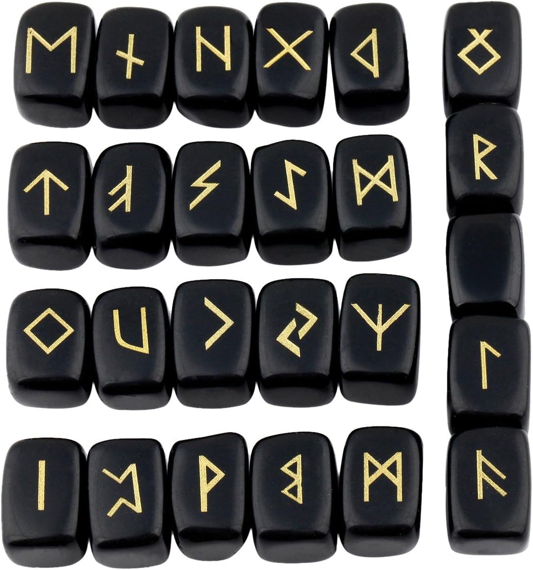 rockcloud Black Obsidian Rune Stones Tumbled Engraved Lettering Crystal Set for Wicca Crystals Healing Chakra Reiki - Image 4