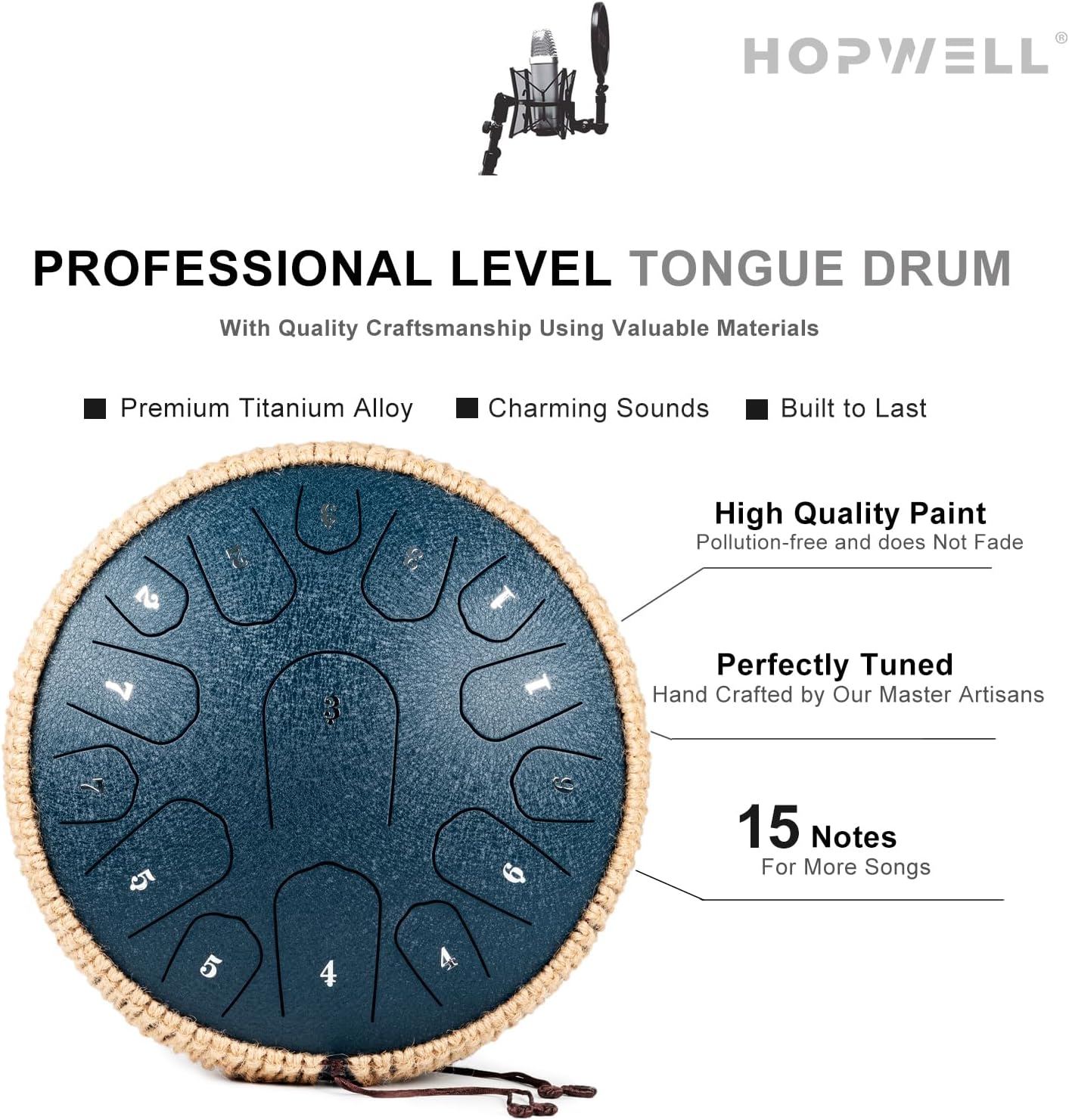 HOPWELL Steel Tongue Drum - 13 Inches 15 Notes Tongue Drum - Hand Pan Drum with Music Book, Handpan Drums Mallets and Carry Bag, D Major (Navy Blue) - Image 3