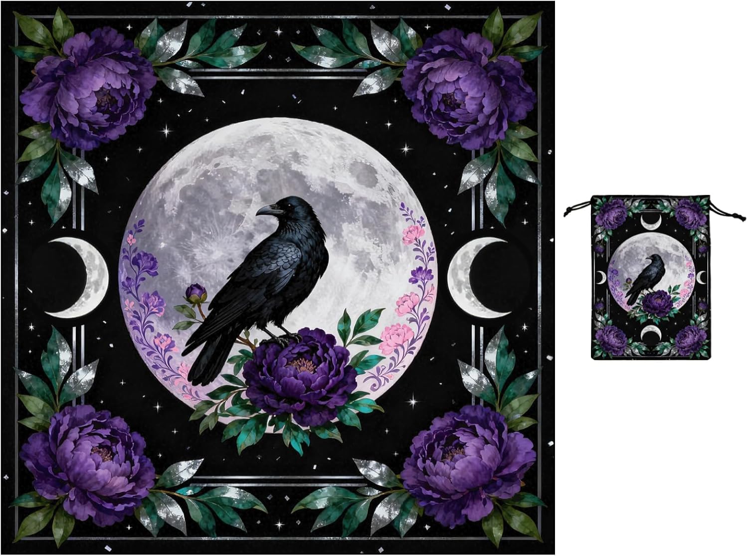 GLOBLELAND Crow Moon Tarot Cloth with Tarot Card Storage Bag Purple Peony Flower Square Velvet Tarots Tablecloth for Divination Wiccan Witchcraft Supplies Tool