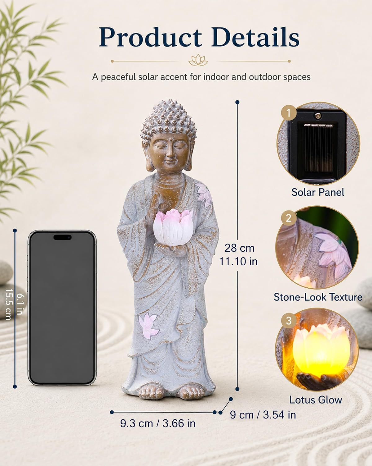 Nacome Solar Buddha Garden Statue Decor: Standing Resin Figurine with Lotus Flower Light Zen Sculpture for Patio Lawn Yard Porch Balcony Meditation Space - 11 inches(White) - Image 4