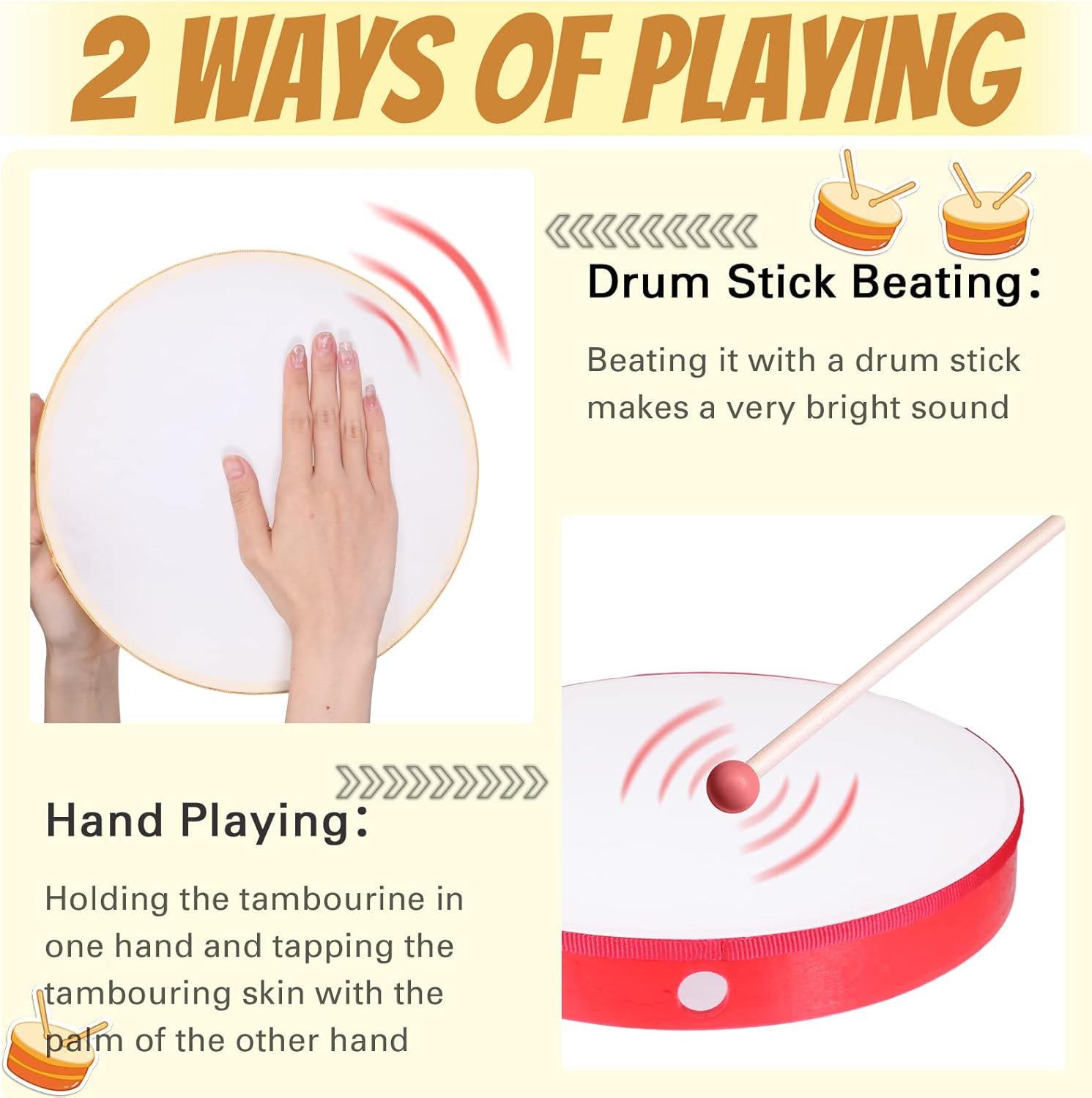 Boao 8 Pcs Hand Drums Percussion Wood Frame Drums with Stick 12 10 8 6 Inch Musical Instruments for Educational Percussion Music Adults Beginners Gifts, Multicolor - Image 2