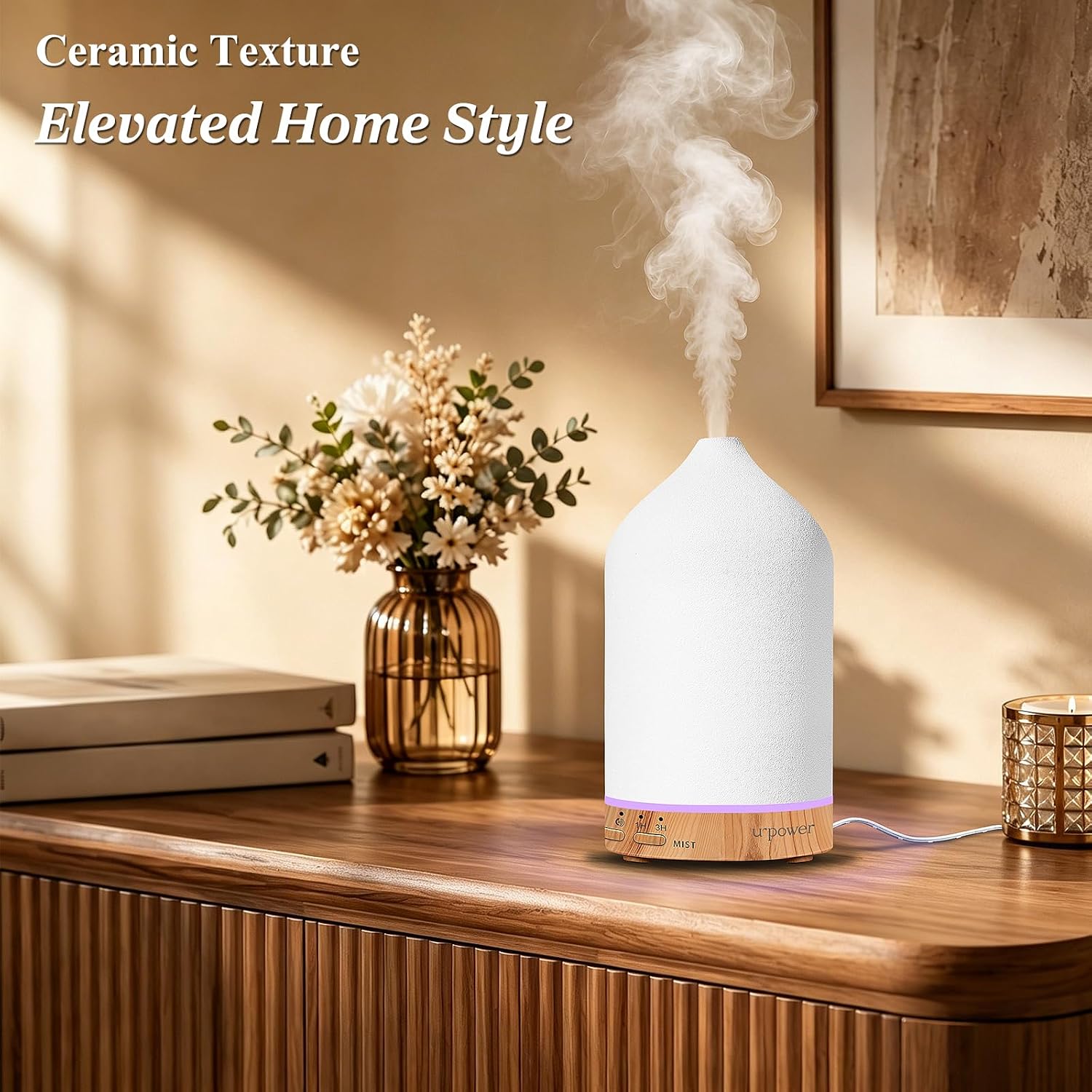 URPOWER 180ML Ceramic Essential Oil Diffuser, Ultrasonic Aromatherapy Diffuser with 7-Color Lights, Auto Shut-Off, Quiet Oil Diffuser for Bedroom, Home Office - Image 6