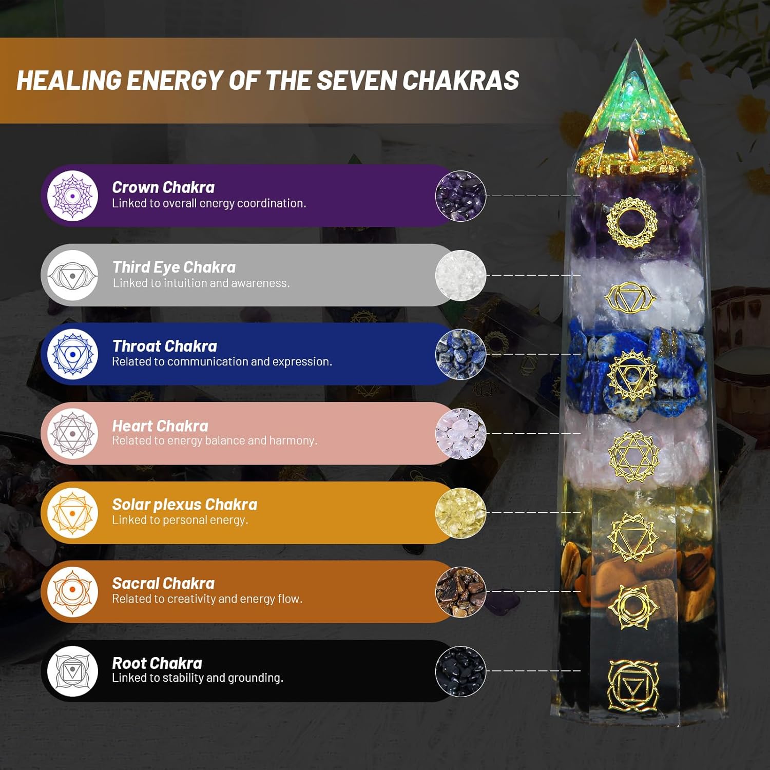 7 Chakra Crystal Wand – Handmade Crystal Tower with Tree of Life Healing Crystals for Chakra Balance, Energy Cleansing, Reiki, Home Decor, Crystals and Healing Stones - Image 5
