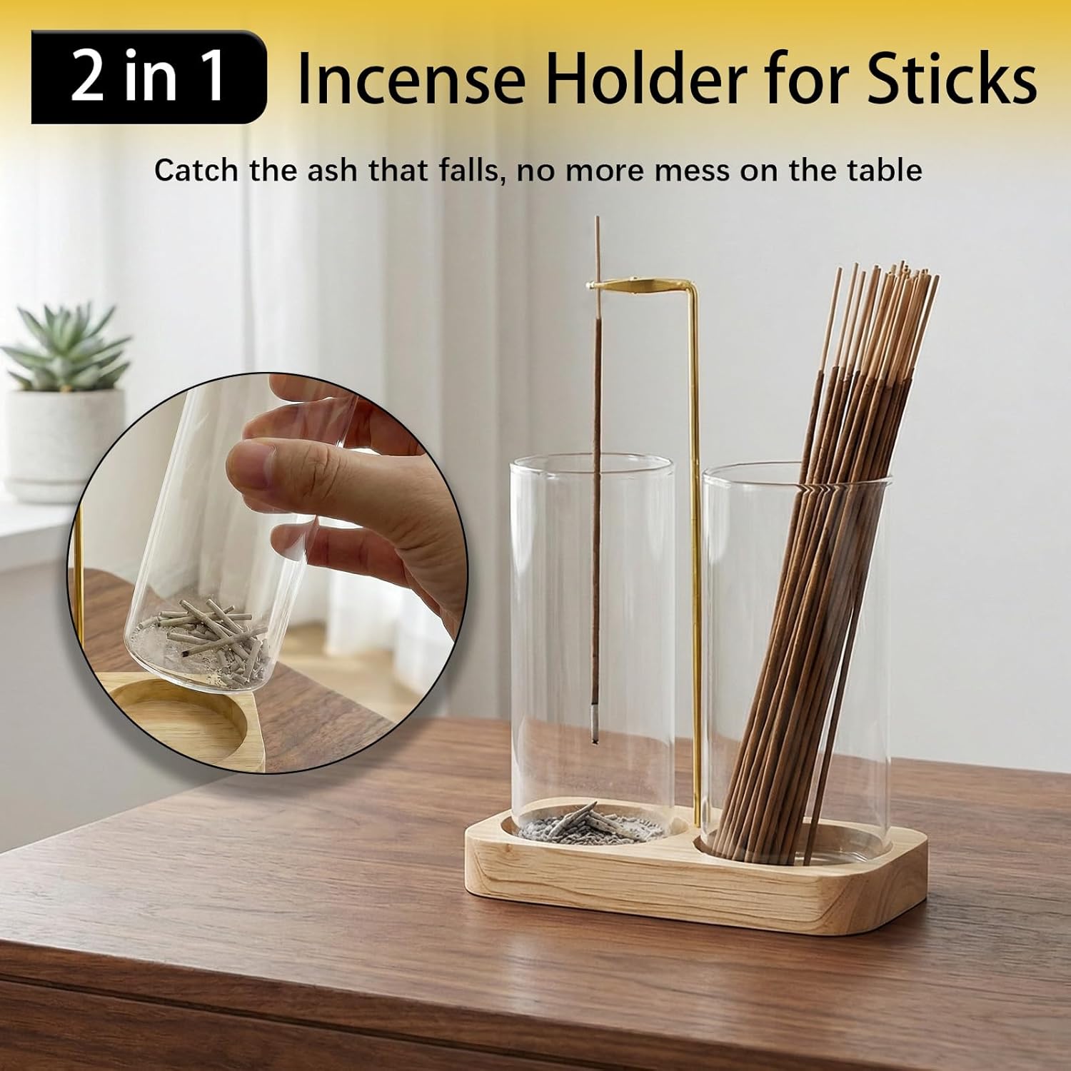 Incense Holder, 2 in 1 Wooden Incense Holder for Sticks with 20 Incense Sticks, Anti-ash Incense Burner with Glass Ash Catcher, Wood Incense Holder 20 Stick (2 in 1 Square) - Image 3