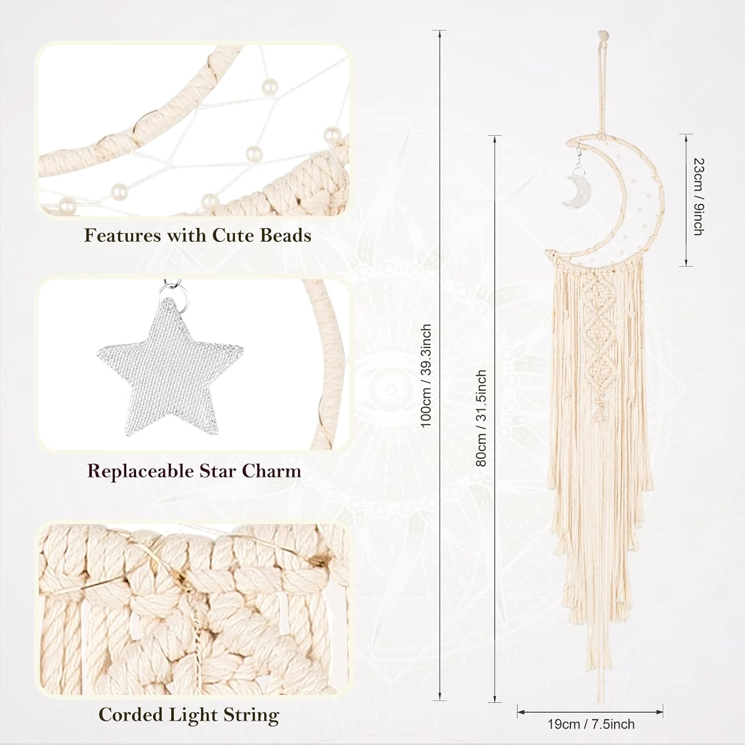 Boho Macrame Woven Wall Hanging, Crochet Crescent Moon Star Dream Catcher with Long Tassel- White Cotton Handmade Bohemian Home Decor Decoration Art Craft for Kids Bedroom Dorm Room - Image 6