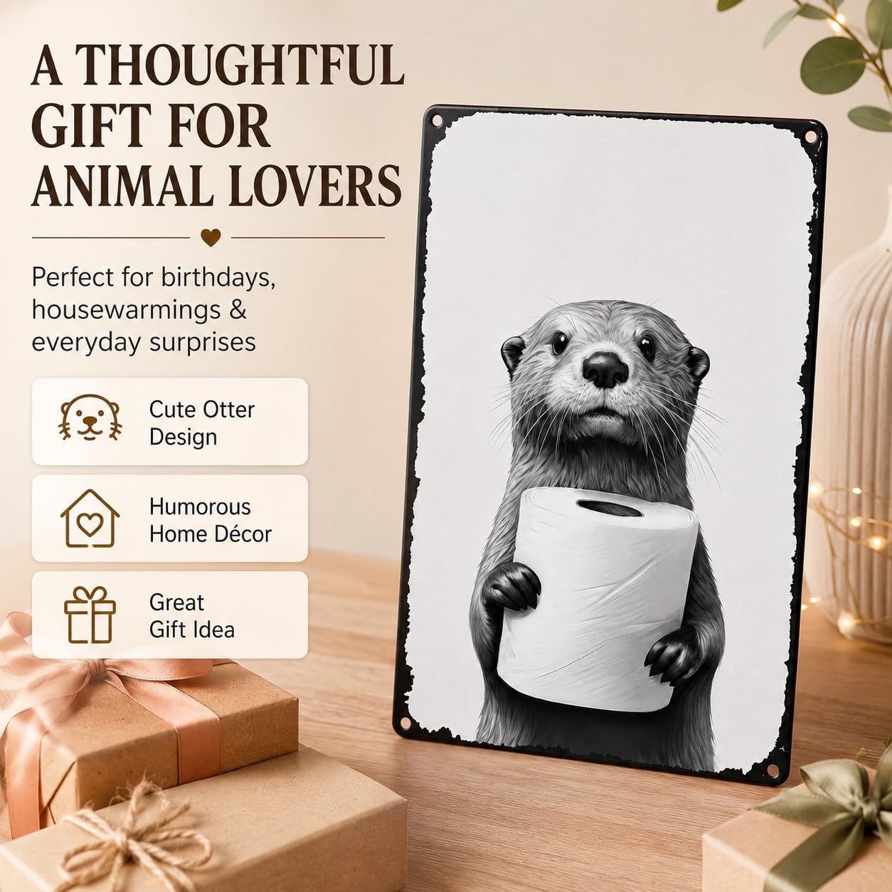 Funny Otter Holding Toilet Paper Metal Sign, 8x12 Inch Vintage Aluminum Wall Art, Black and White Animal Print Bathroom Decor, Rustic Tin Plaque for Home Restroom - Image 4