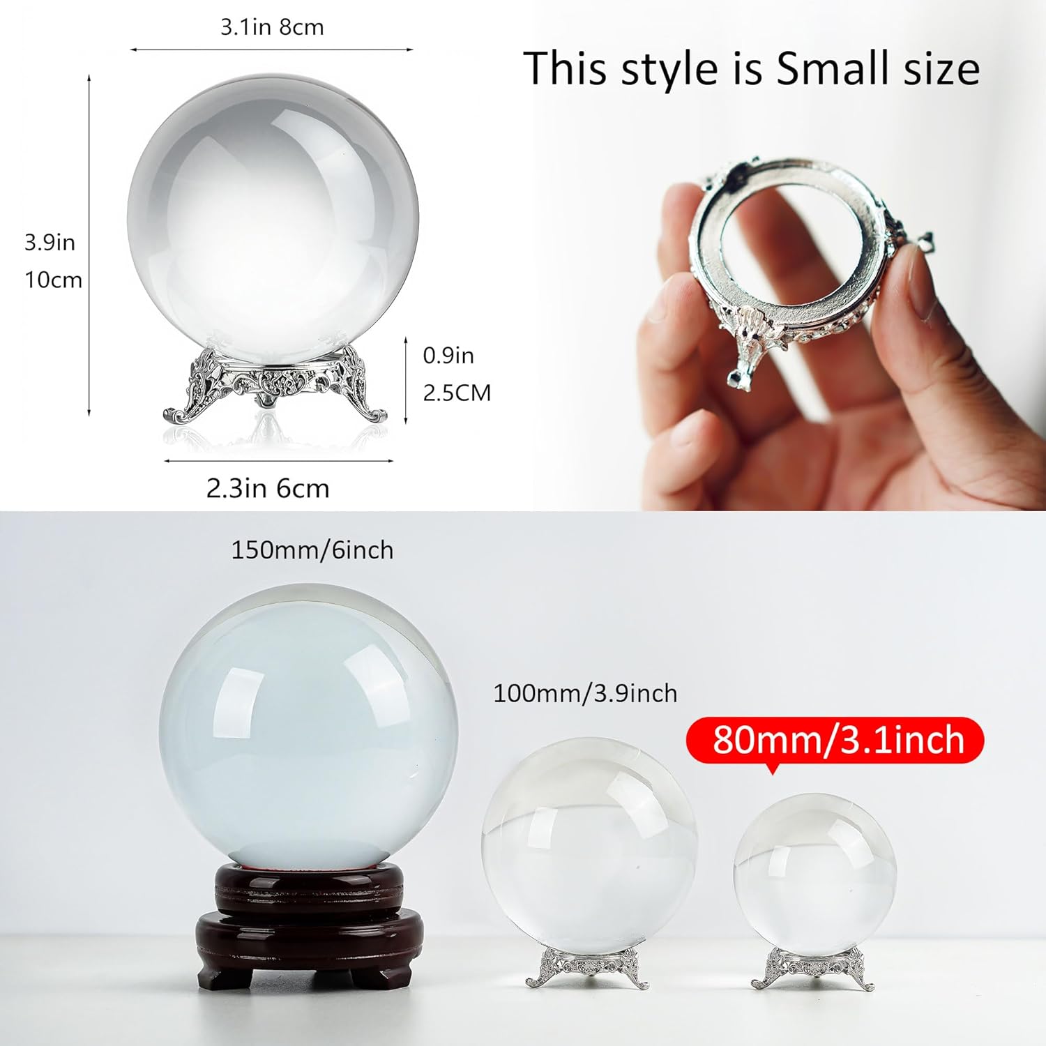QFkris 80mm Clear Crystal Ball with Stand for Fortune Teller Divination Crystal Sphere for Magic, 3.1inch Decorative Ball for Lensball Photography, Feng Shui - Image 2