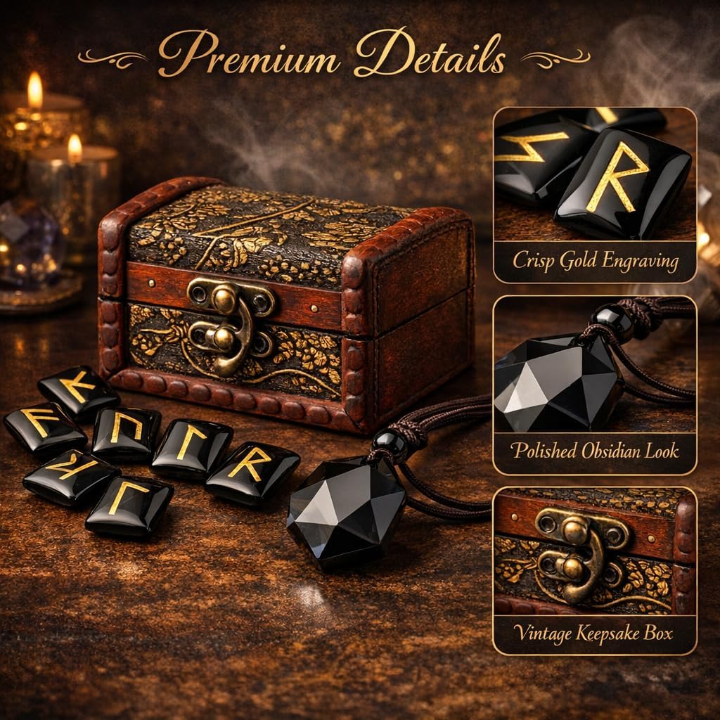 kcrygogo Rune Set with Elder Futhark Alphabet Crystal Meditation Divination Healing Chakra Reiki with Vintage Wooden Box and Natural Obsidian Pendant(3Pcs) - Image 2