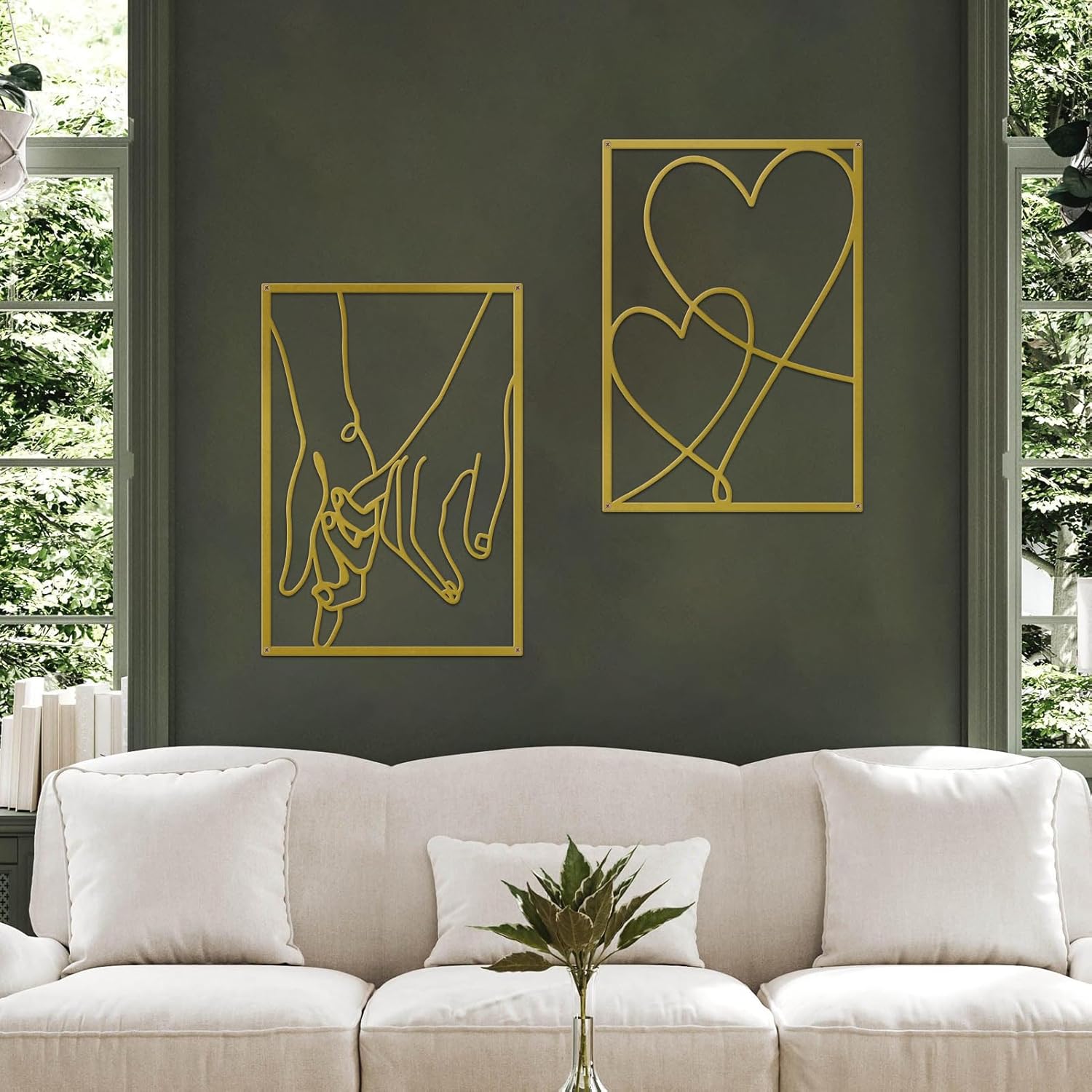 3 Pieces Metal Minimalist Line Wall Art, Valentine's Day Lover Kiss Hand Metal Wall Decor, Aesthetic Modern Home Hanging Wall Art Decor for Bedroom Bathroom Living Room (Gold) - Image 4