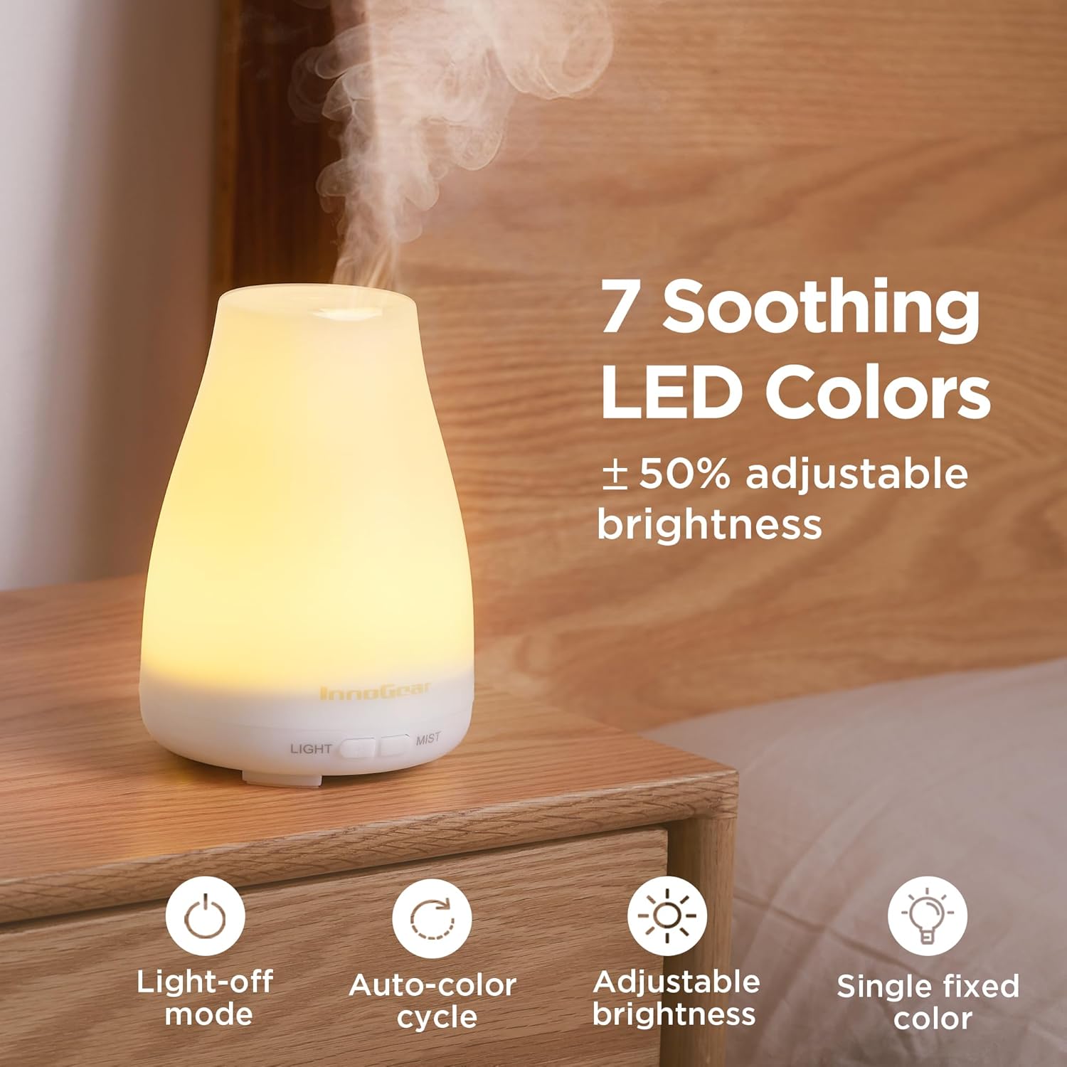 InnoGear Essential Oil Diffuser, Ultrasonic Diffusers for Home Aromatherapy Humidifier for Bedroom Room 7 Colors LED 2 Mist Mode Auto Off, Basic White - Image 5