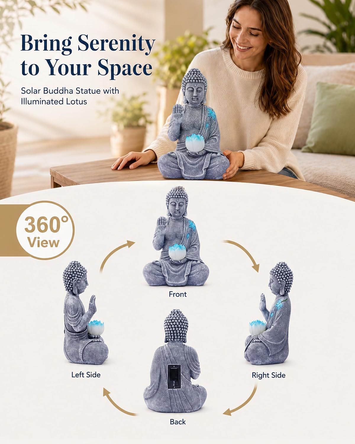 Nacome Solar Buddha Garden Statue Decor: Sitting Resin Figurine with Lotus Flower Light Zen Sculpture for Patio Lawn Yard Porch Balcony Meditation Space - 10.6 inches(Grey) - Image 3