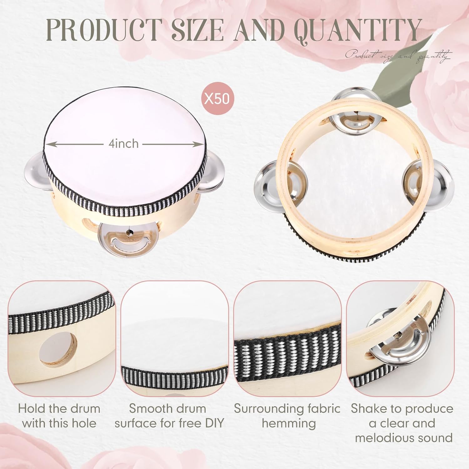 50 Pcs 4 Inch Wedding Tambourine Bulk Drum for Adults Hand Held Percussion Gift Wood Metal Jingles Musical Educational Drum Instrument for Church Wedding Party Favor - Image 2