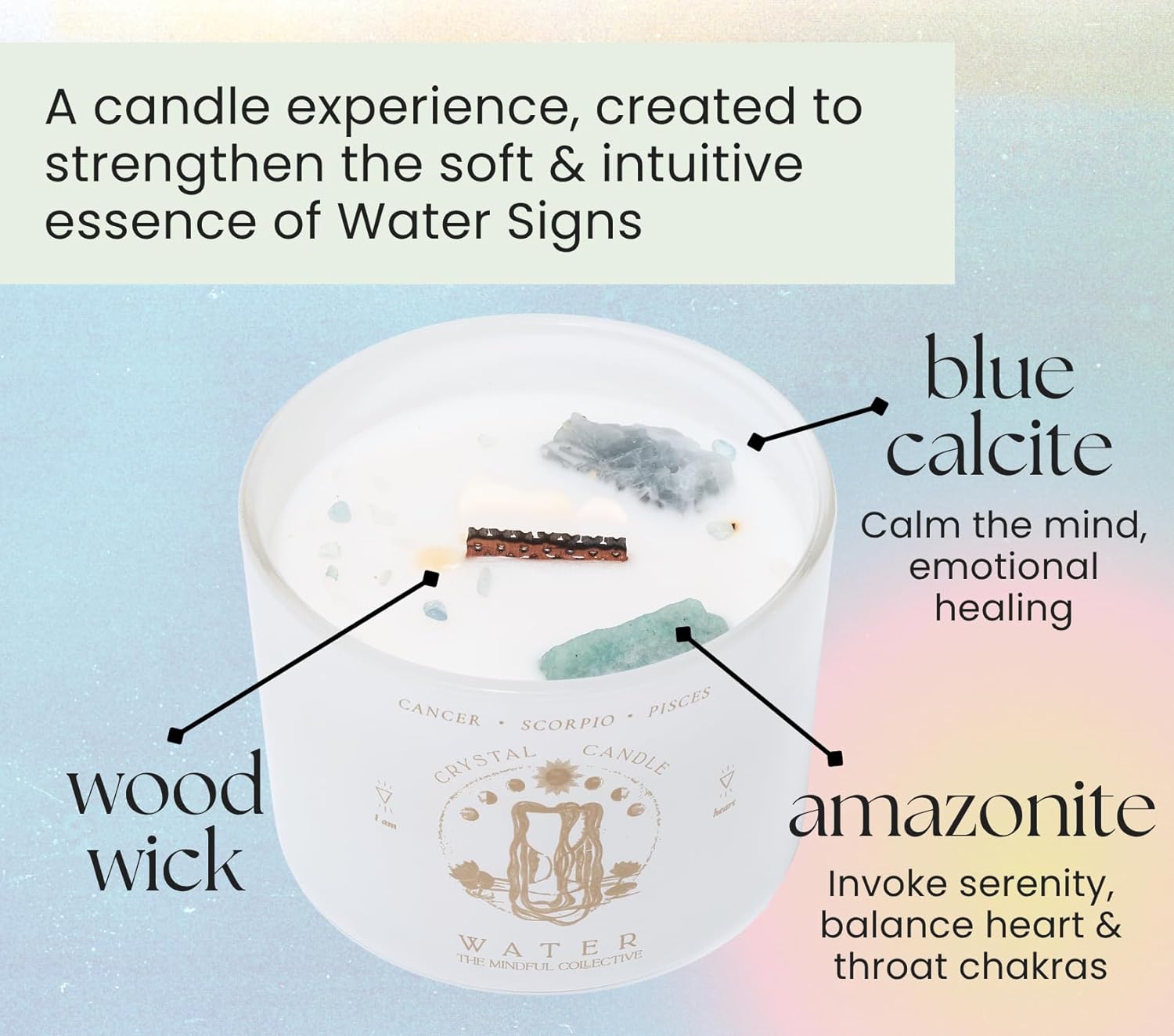 Pisces, Cancer, Scorpio Gifts for Women - 12oz Wood Wick Candles that Crackle with Crystals and Healing Stones. Healing Crystal Candles for Women Home Scented. Soy Wax, for Zodiac Birthdate - Image 4
