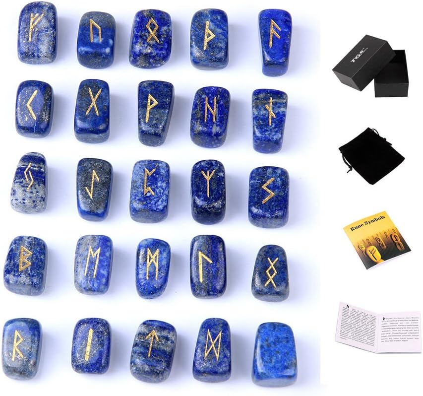 TGS Gems RN001 Lapis Lazuli Rune Stones Set Engraved Pagan Lettering with Instruction Booklet and Velvet Pouch