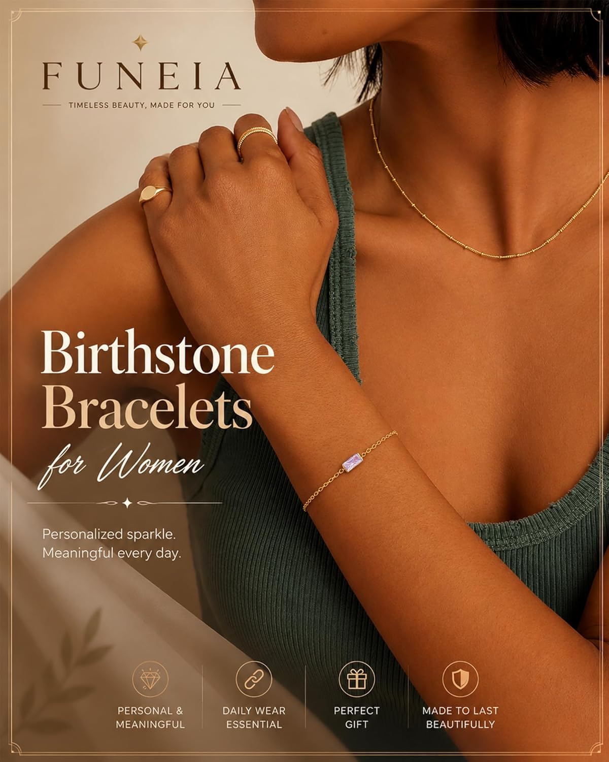 FUNEIA Birthstone Gold Bracelets for Women Non Tarnish Trendy Dainty 14K Gold Plated Bracelet Stack Stackable Blue Green May Emerald Friendship Bracelets Jewelry Gifts for Mom Best Friend - Image 2